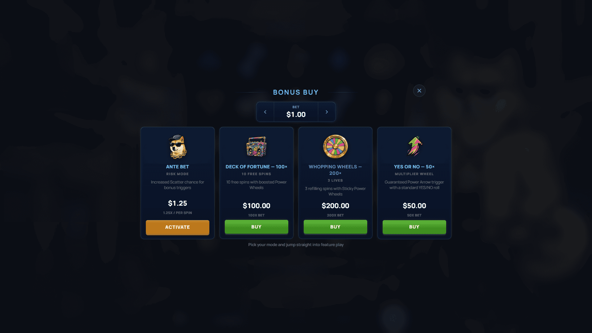 Gangsta Doge bonus buy menu