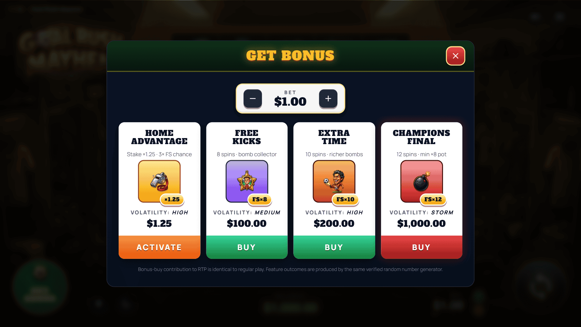 Goal Rush bonus buy menu