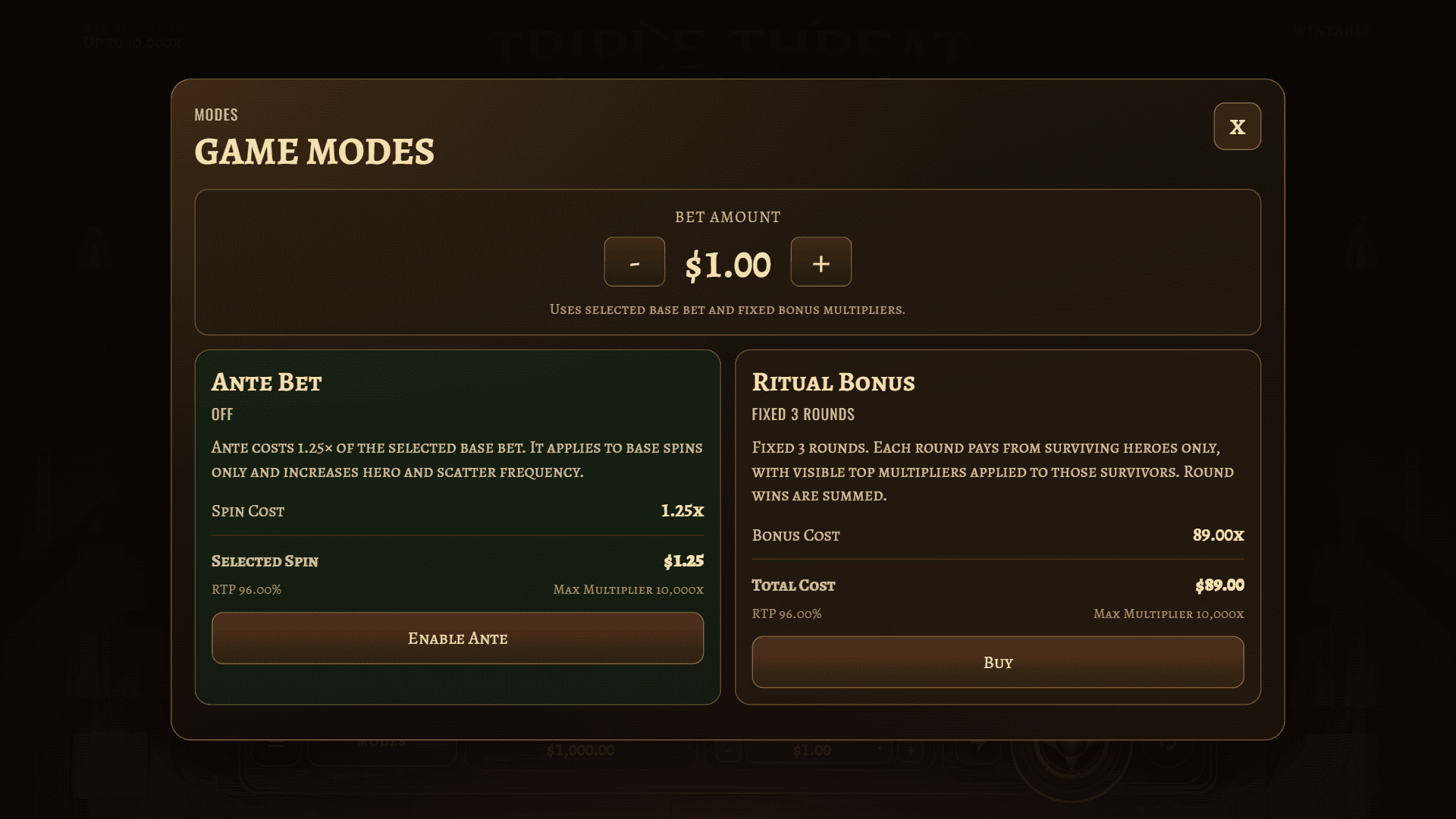 Triple Threat Arena bonus buy menu