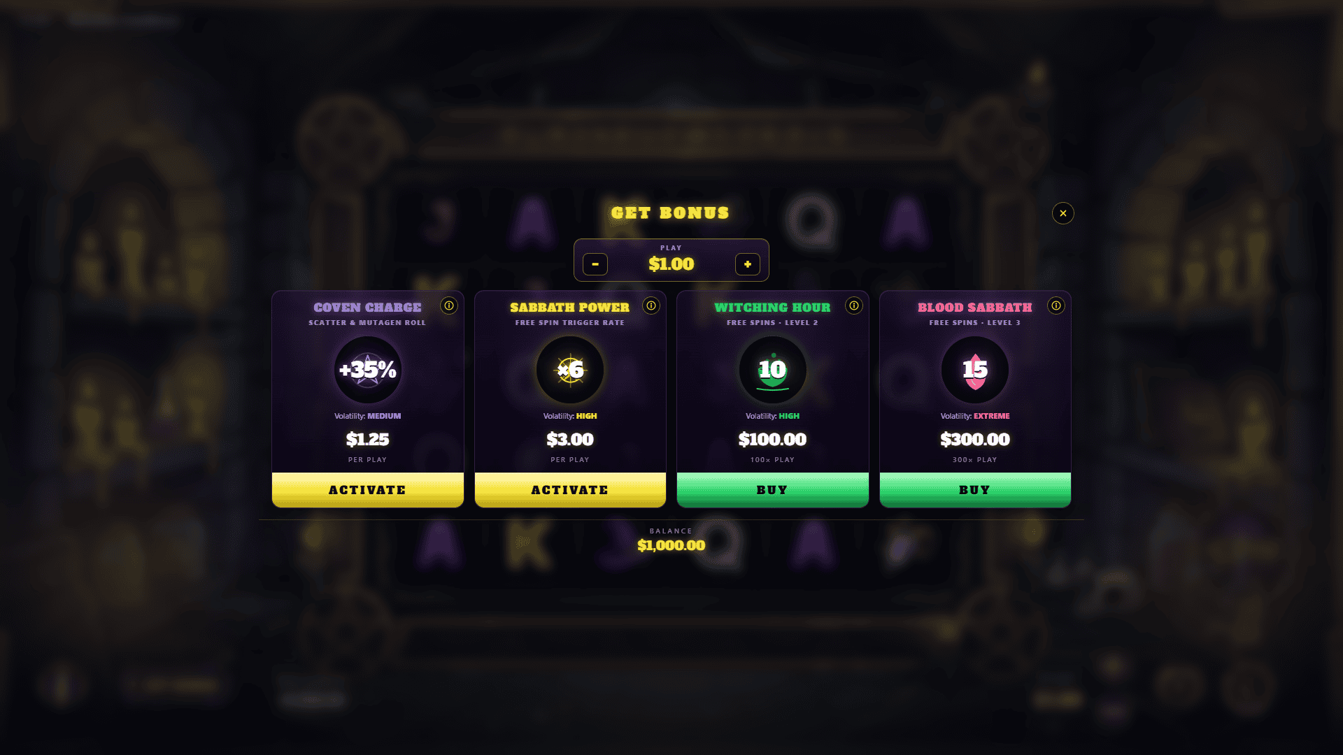 Witches Cauldron bonus buy menu