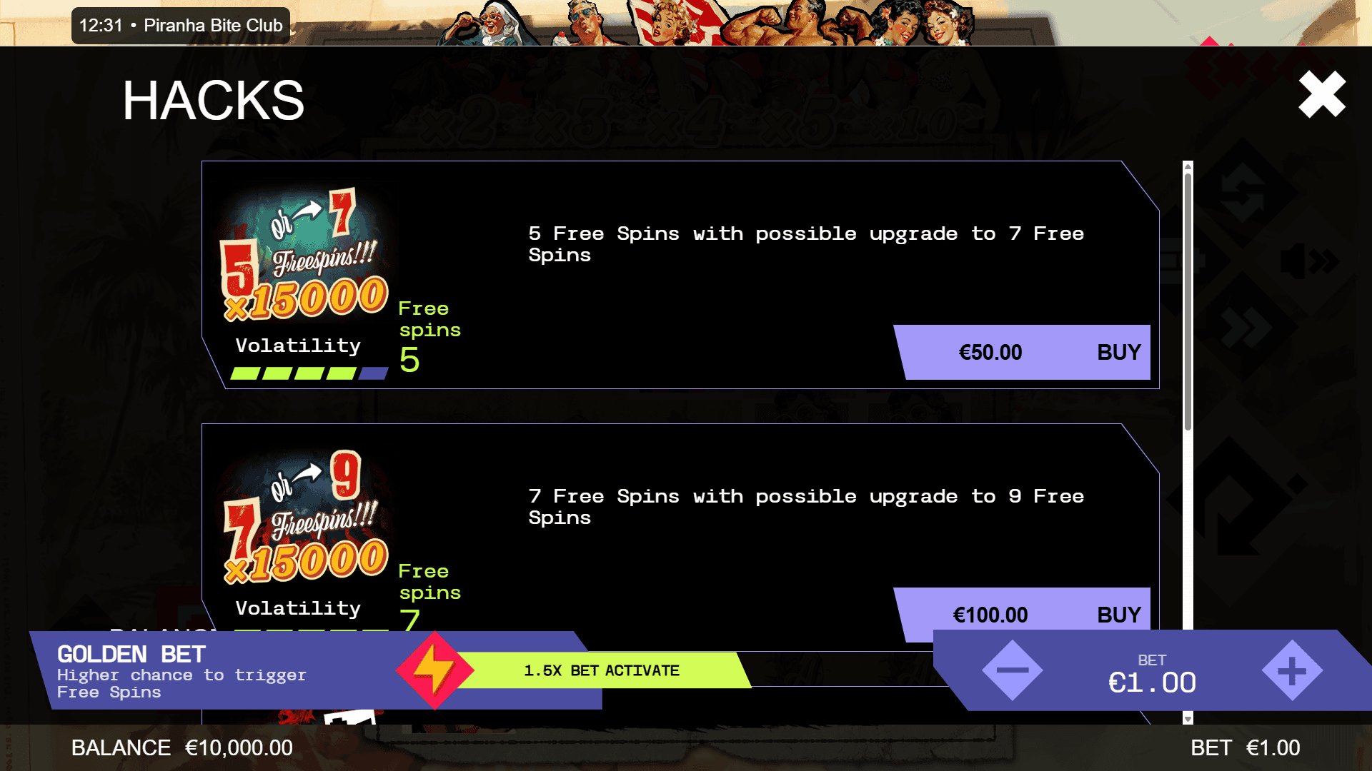 Piranha Bite Club bonus buy menu