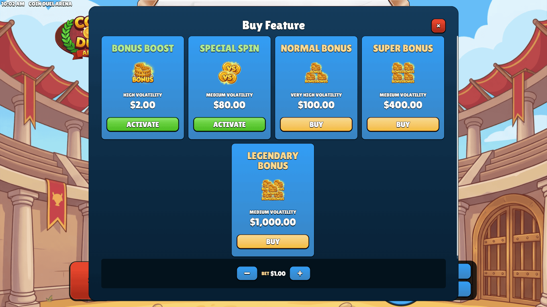 Coin Duel Arena bonus buy menu