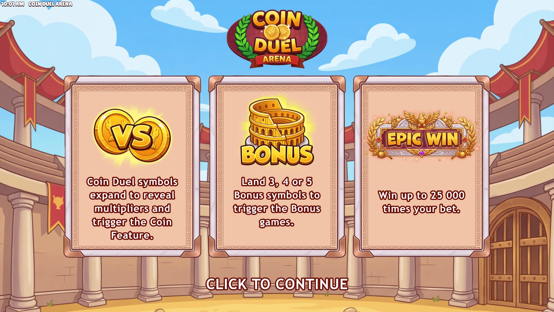Coin Duel Arena slot intro screen