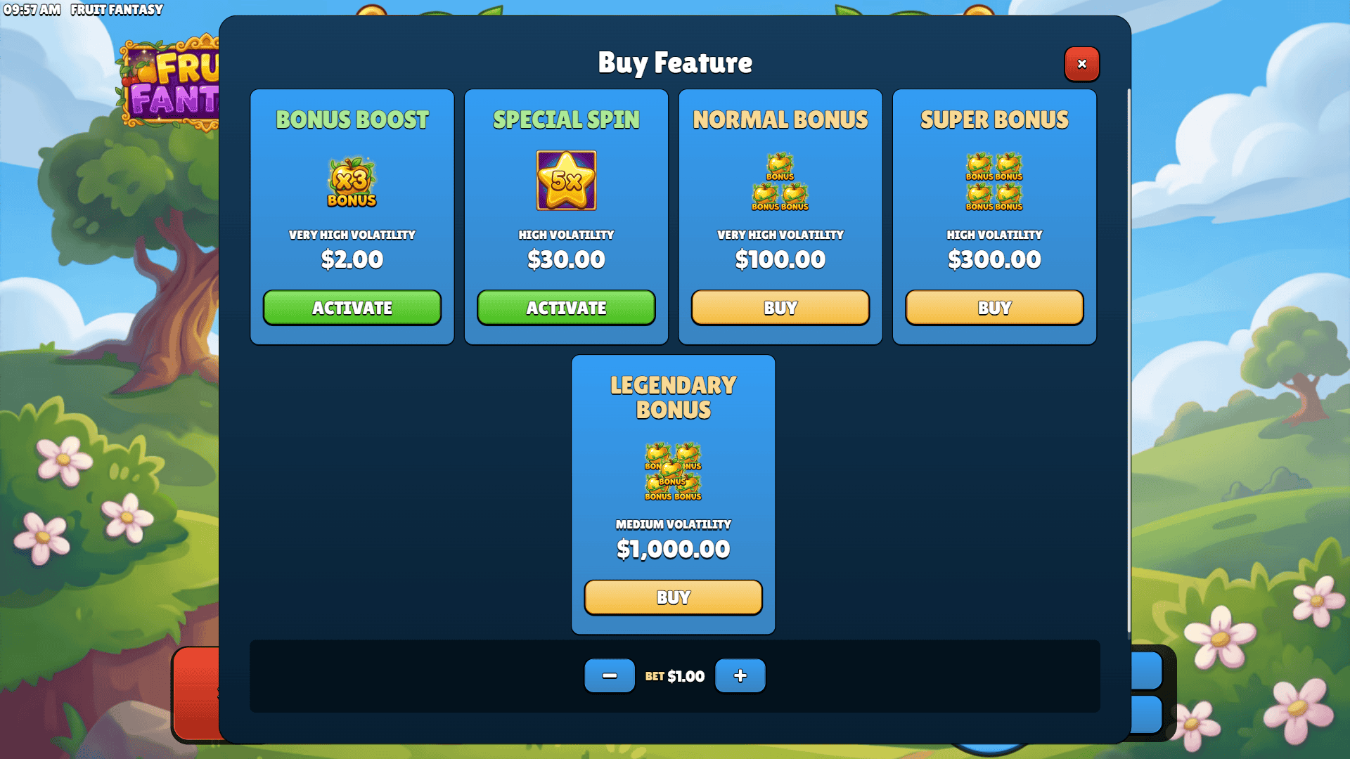 Fruit Fantasy bonus buy menu
