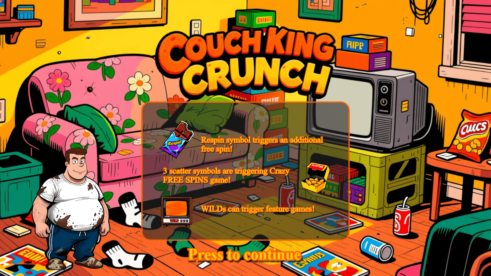 Couch King Crunch slot intro screen