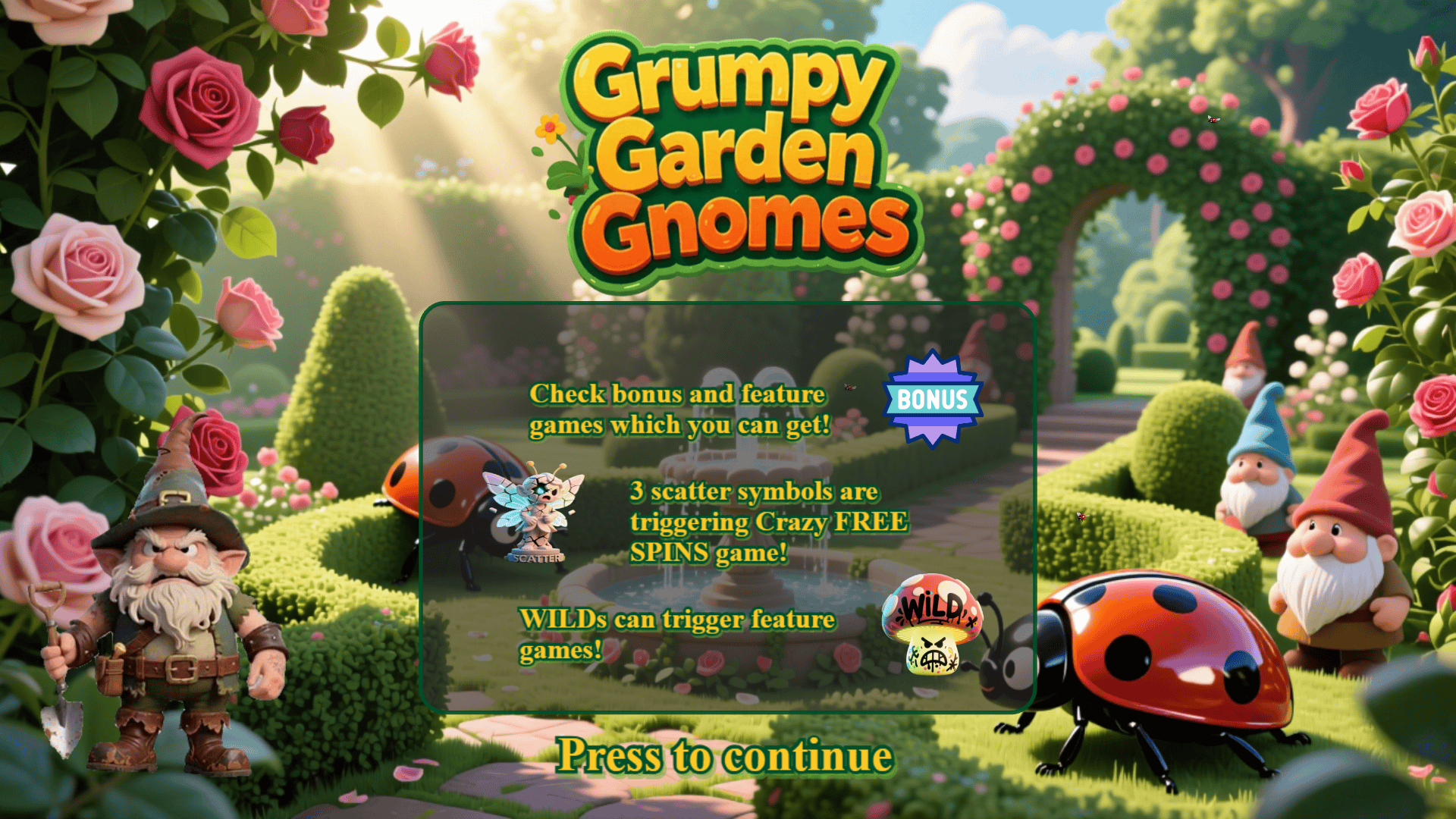 Grumpy Garden Gnomes slot intro screen