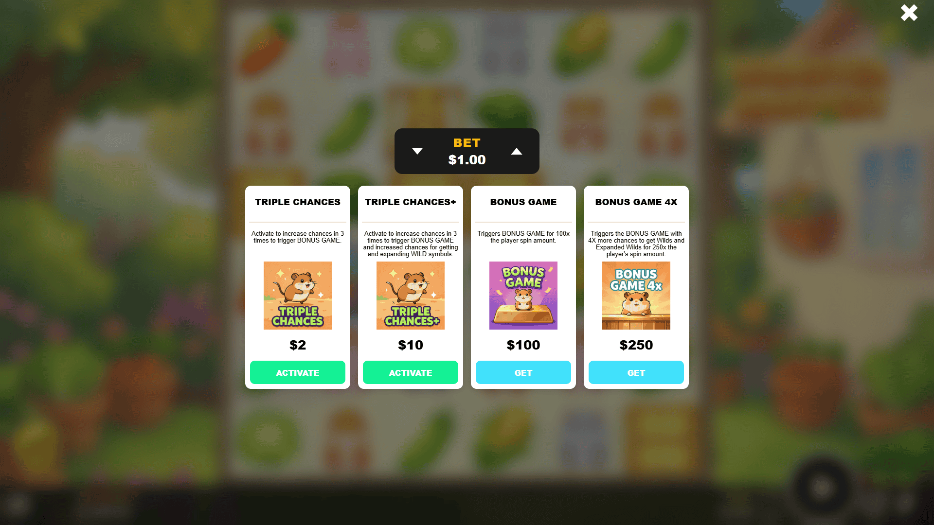 Hamster Harvest bonus buy menu