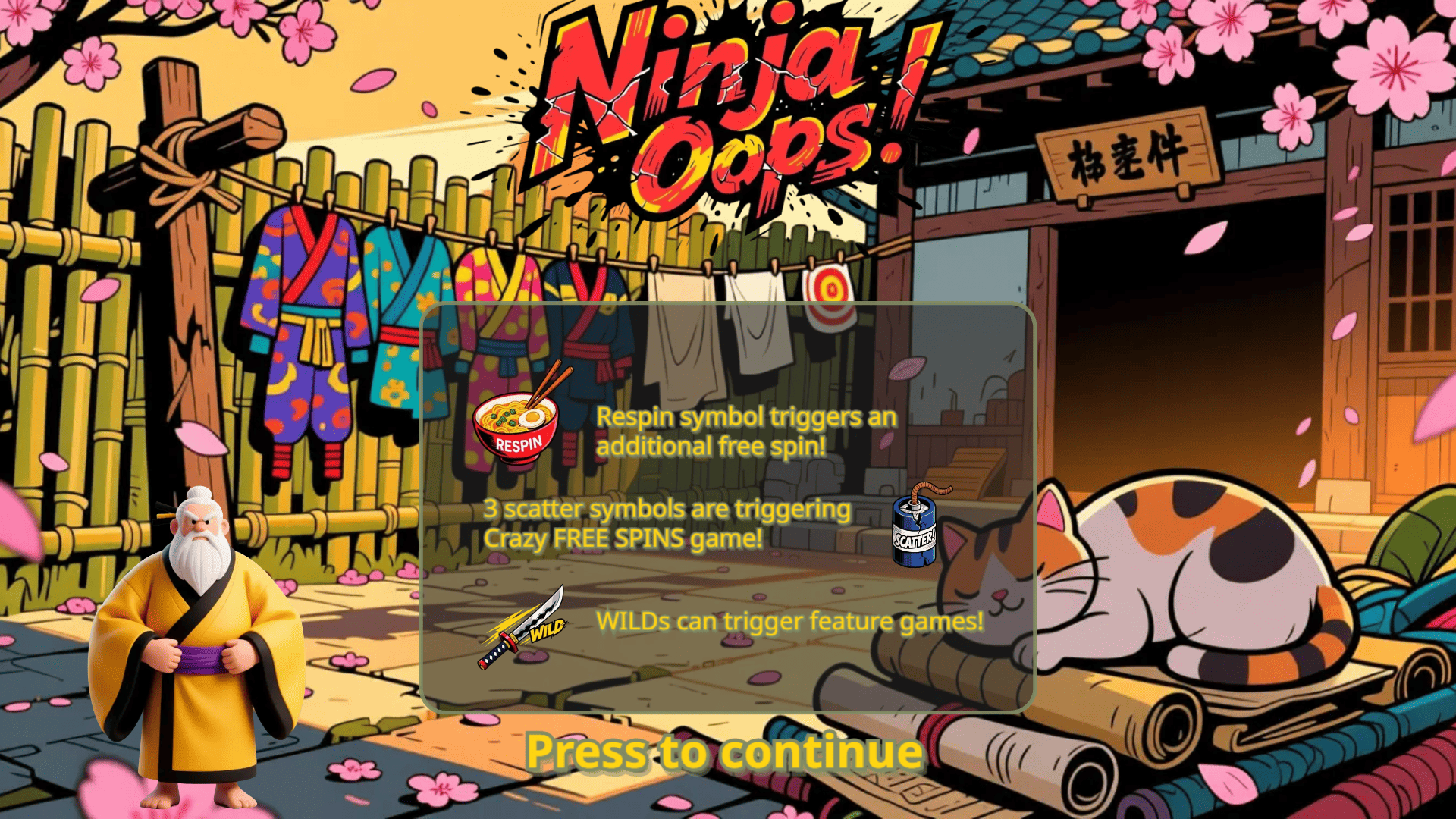 Ninja Oops slot intro screen