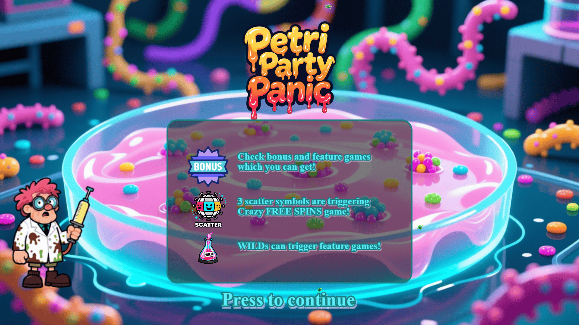 Petri Party Panic slot intro screen