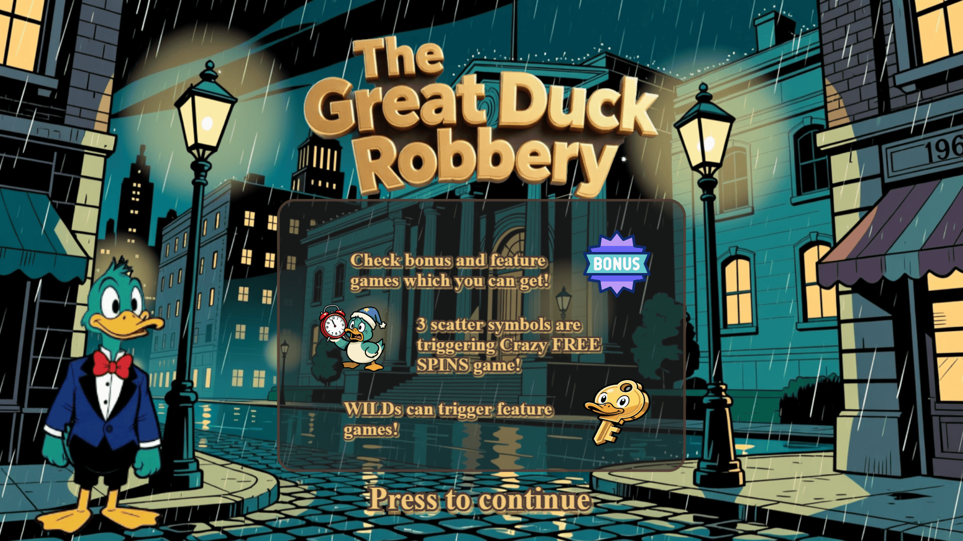 The Great Duck Robbery slot intro screen