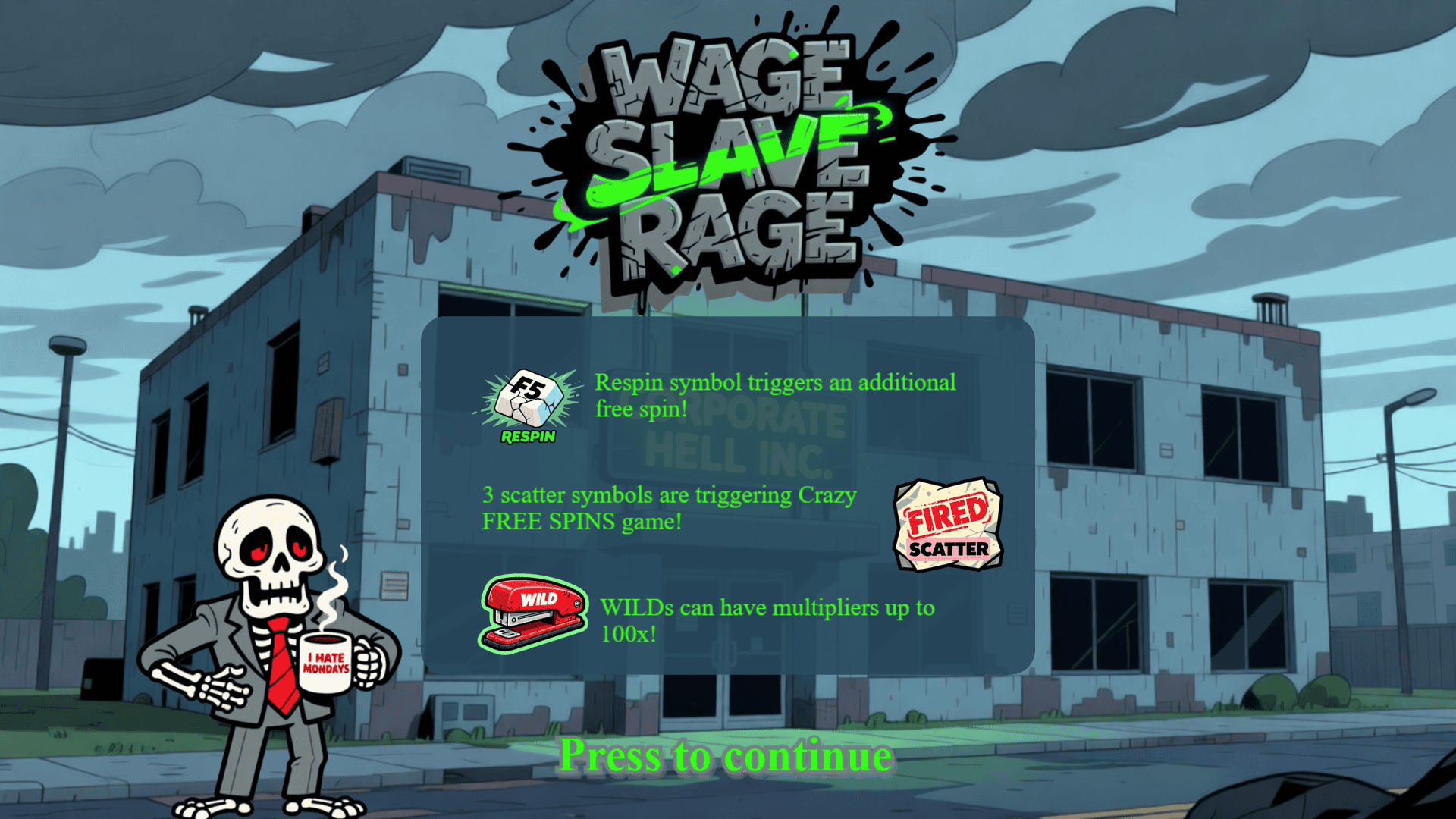 Wage Slave Rage slot intro screen
