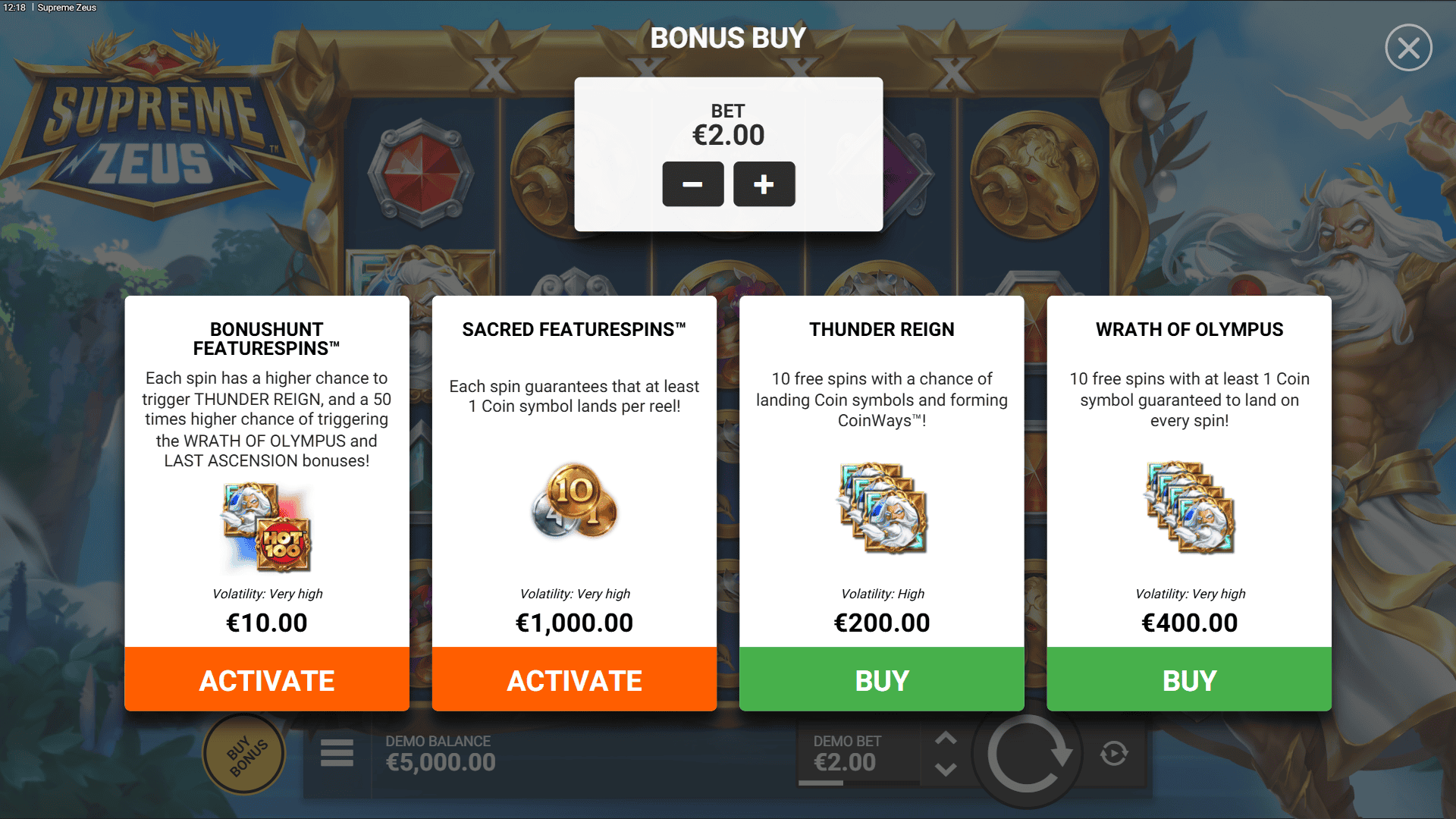 Supreme Zeus bonus buy menu