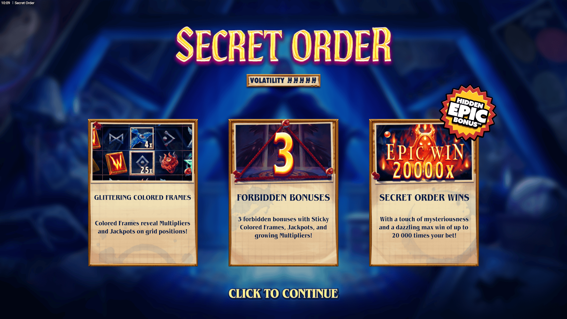 Secret Order slot intro screen