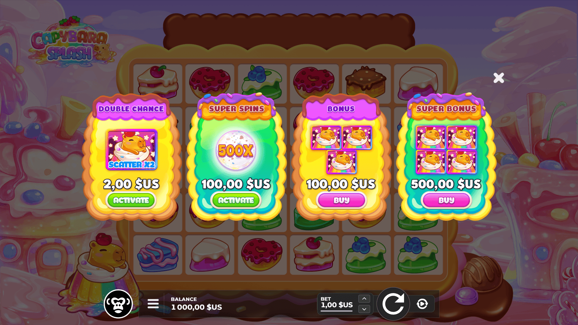 Capybara Splash bonus buy menu