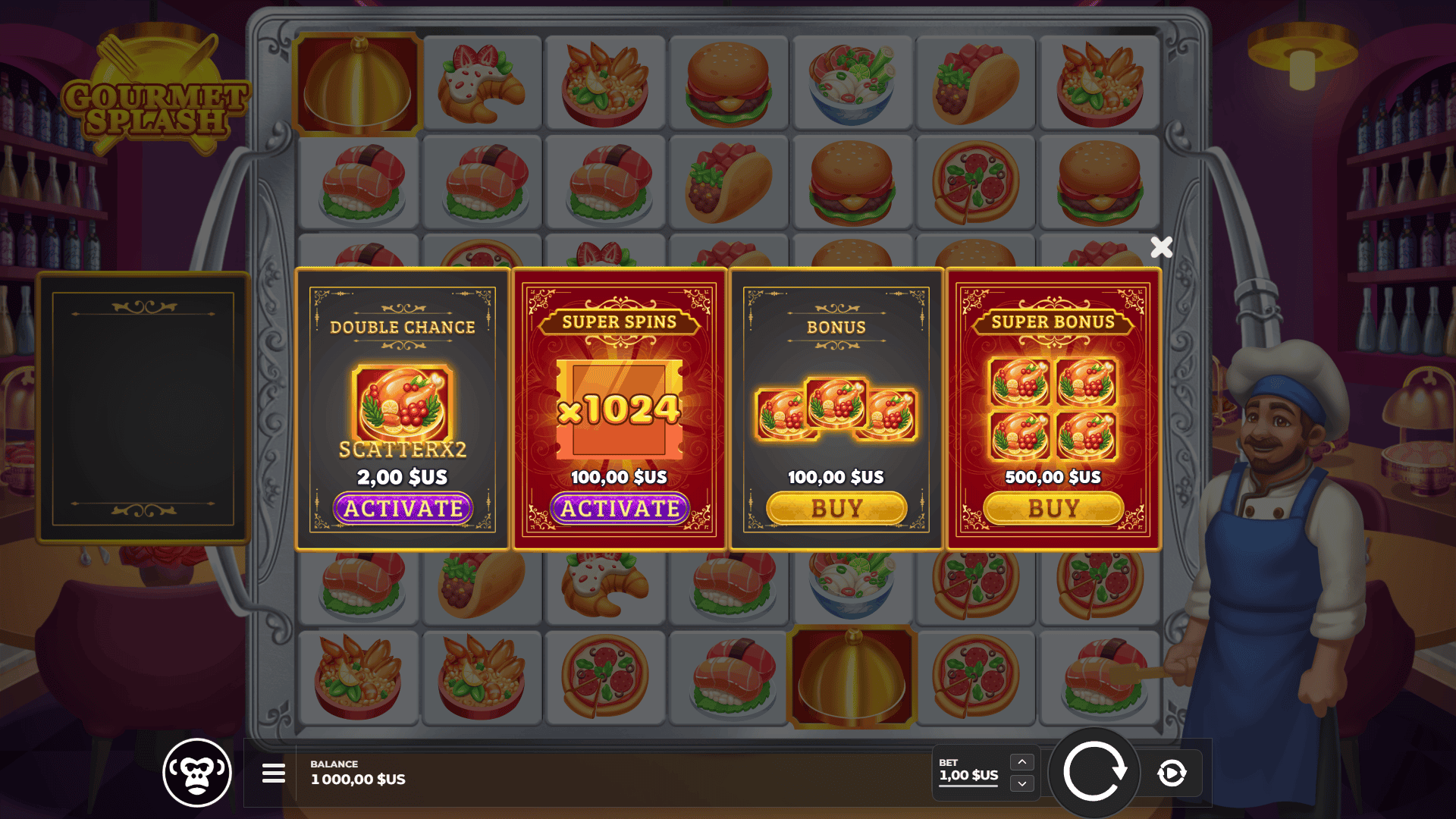 Gourmet Splash bonus buy menu
