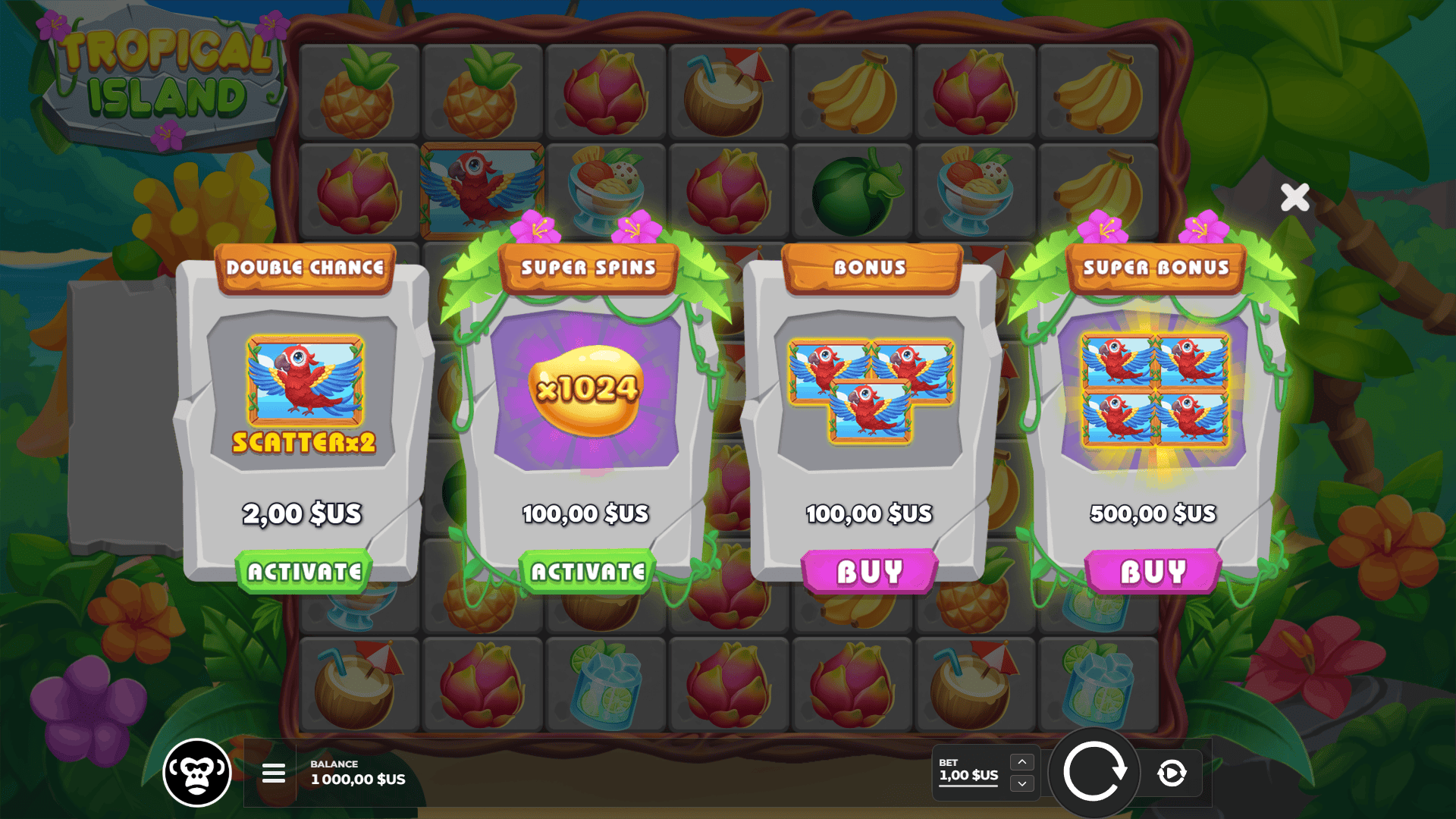Tropical Island bonus buy menu