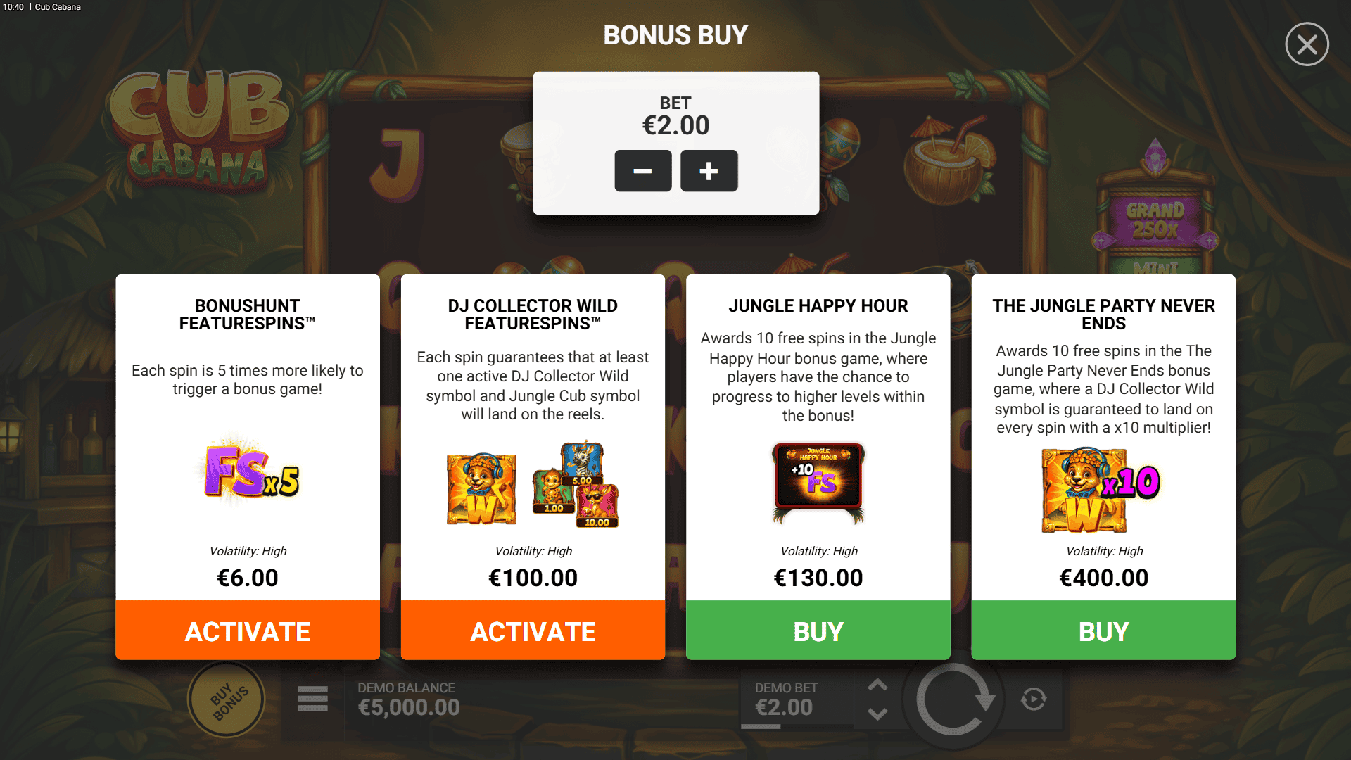 Cub Cabana bonus buy menu