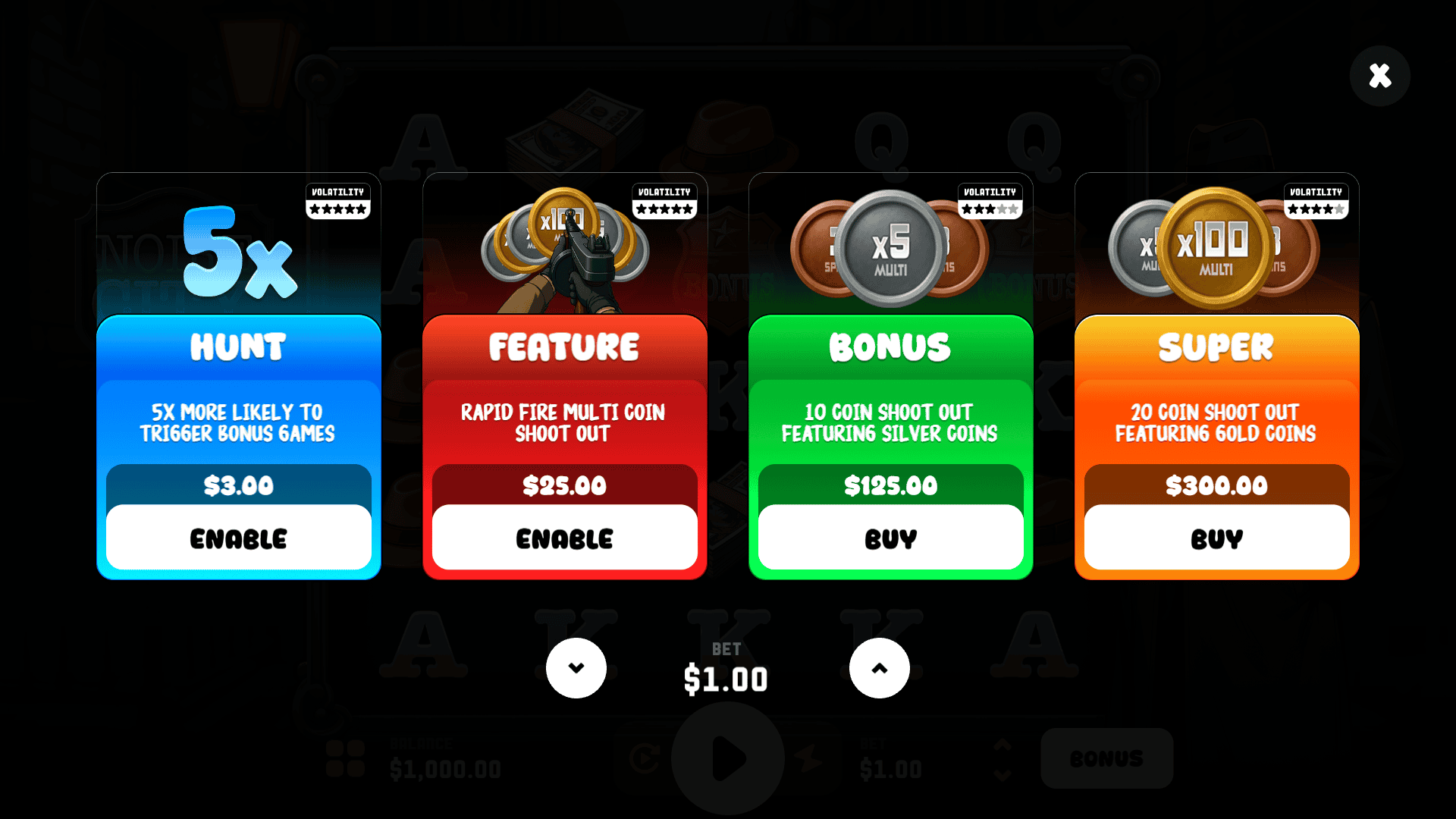 Noire City bonus buy menu