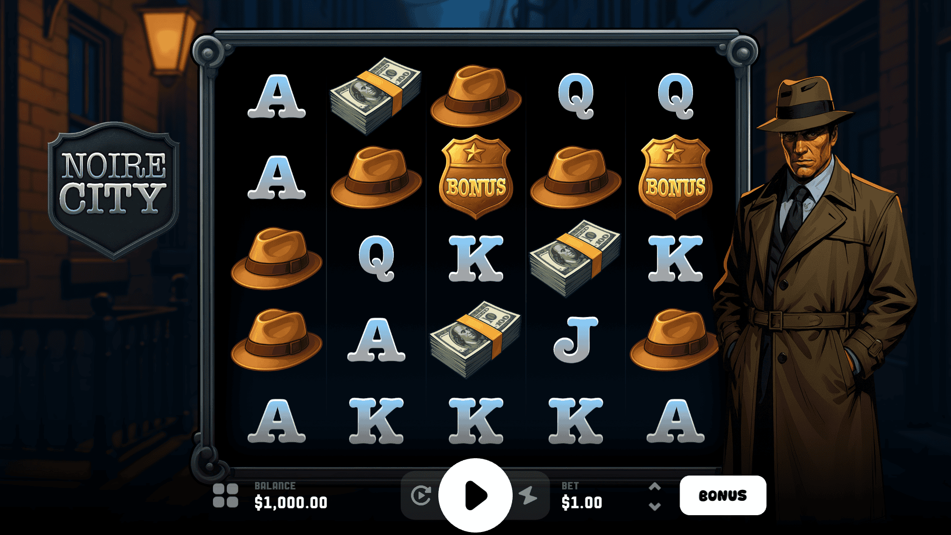 Noire City slot gameplay reels