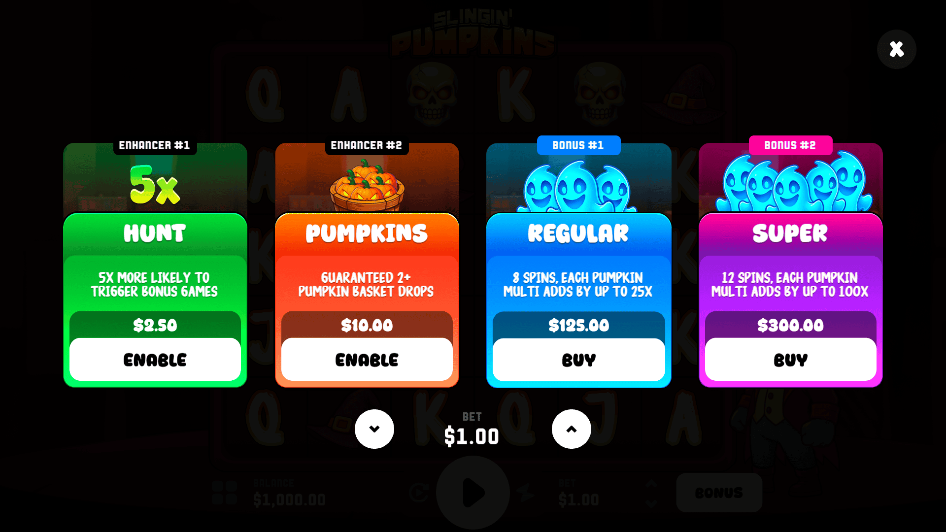 Slingin' Pumpkins bonus buy menu
