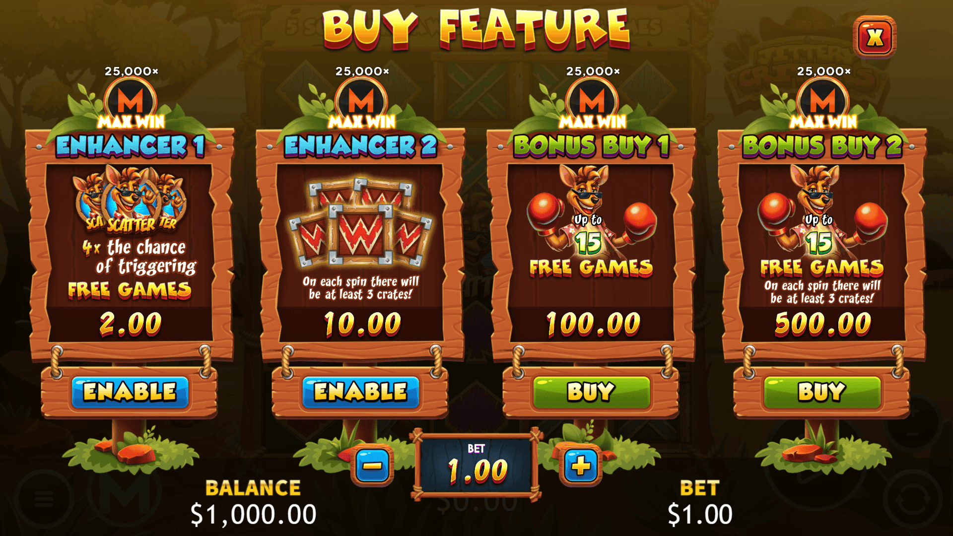 Jittery Critters bonus buy menu