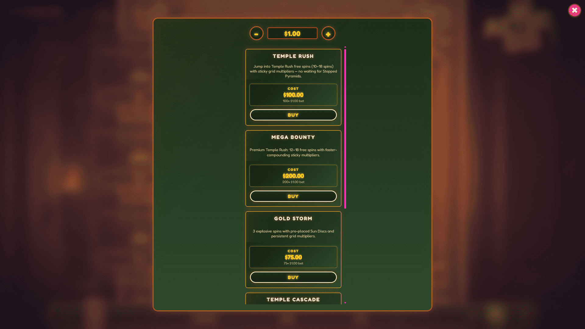 Aztec Go bonus buy menu