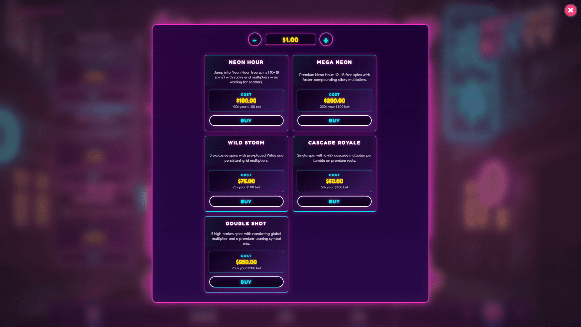 Neon Kitty bonus buy menu