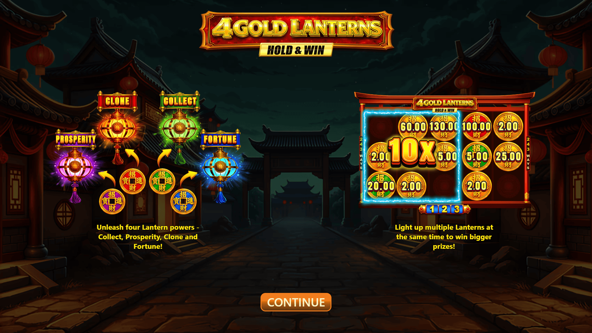 4 Gold Lanterns Hold and Win slot intro screen