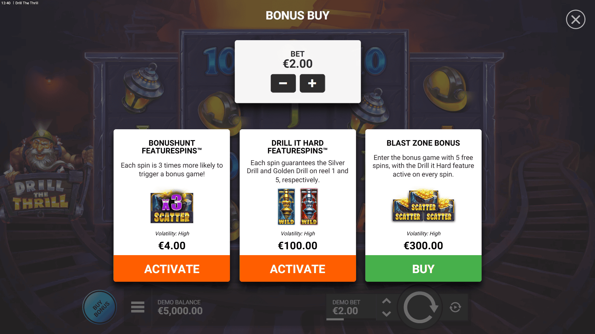 Drill the Thrill bonus buy menu