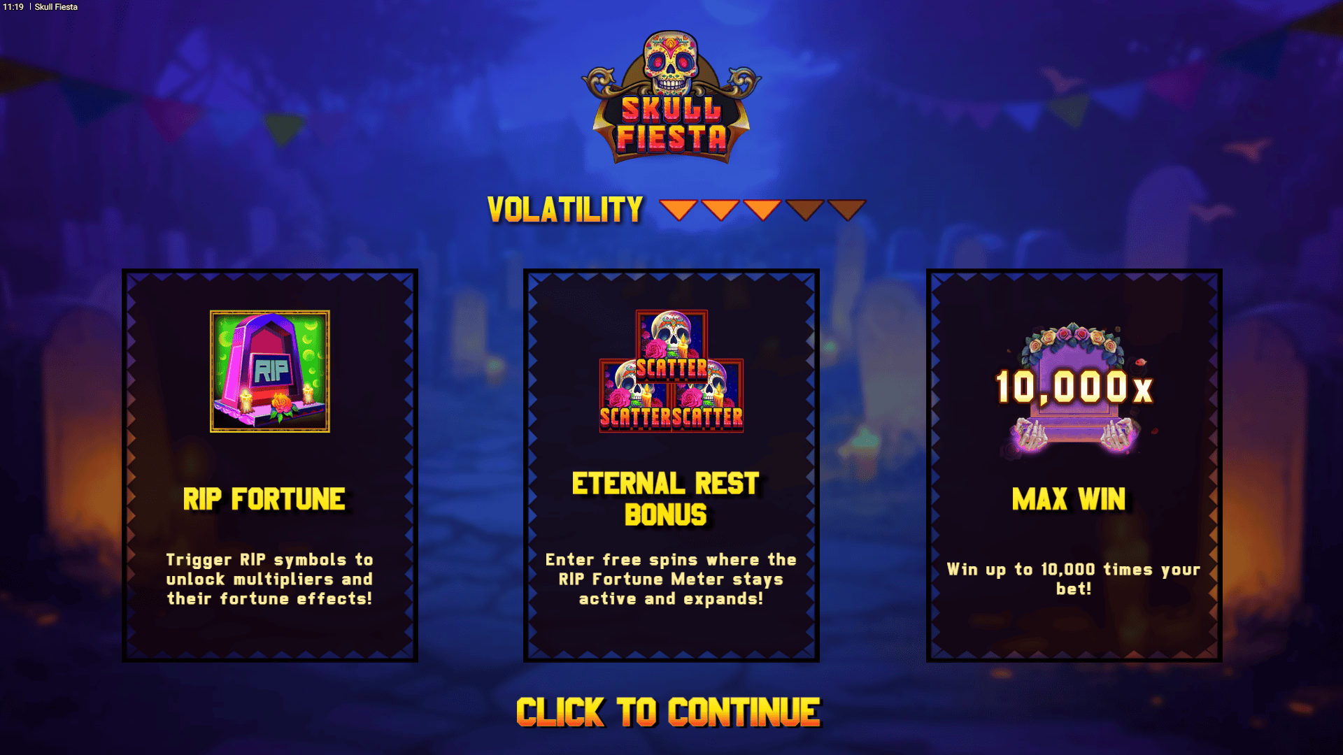 Skull Fiesta slot intro screen