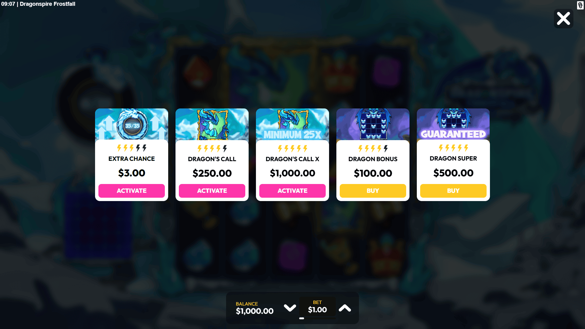 Dragonspire Frostfall bonus buy menu