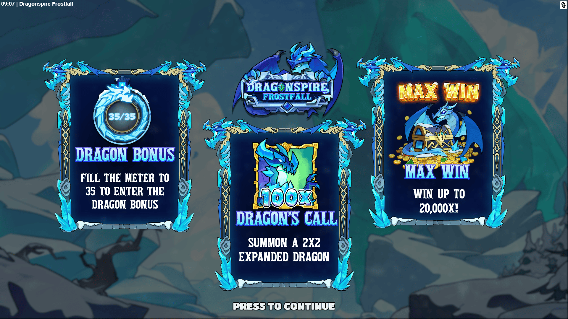 Dragonspire Frostfall slot intro screen