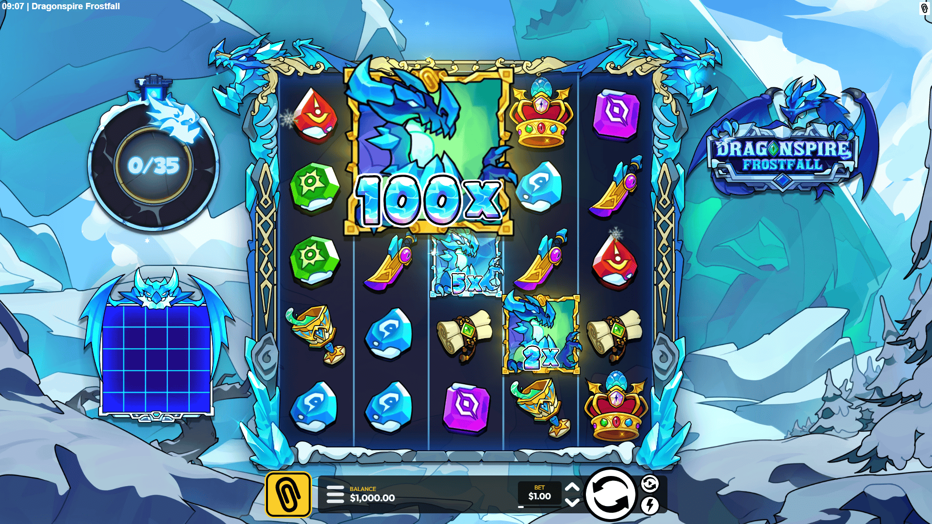 Dragonspire Frostfall slot gameplay reels