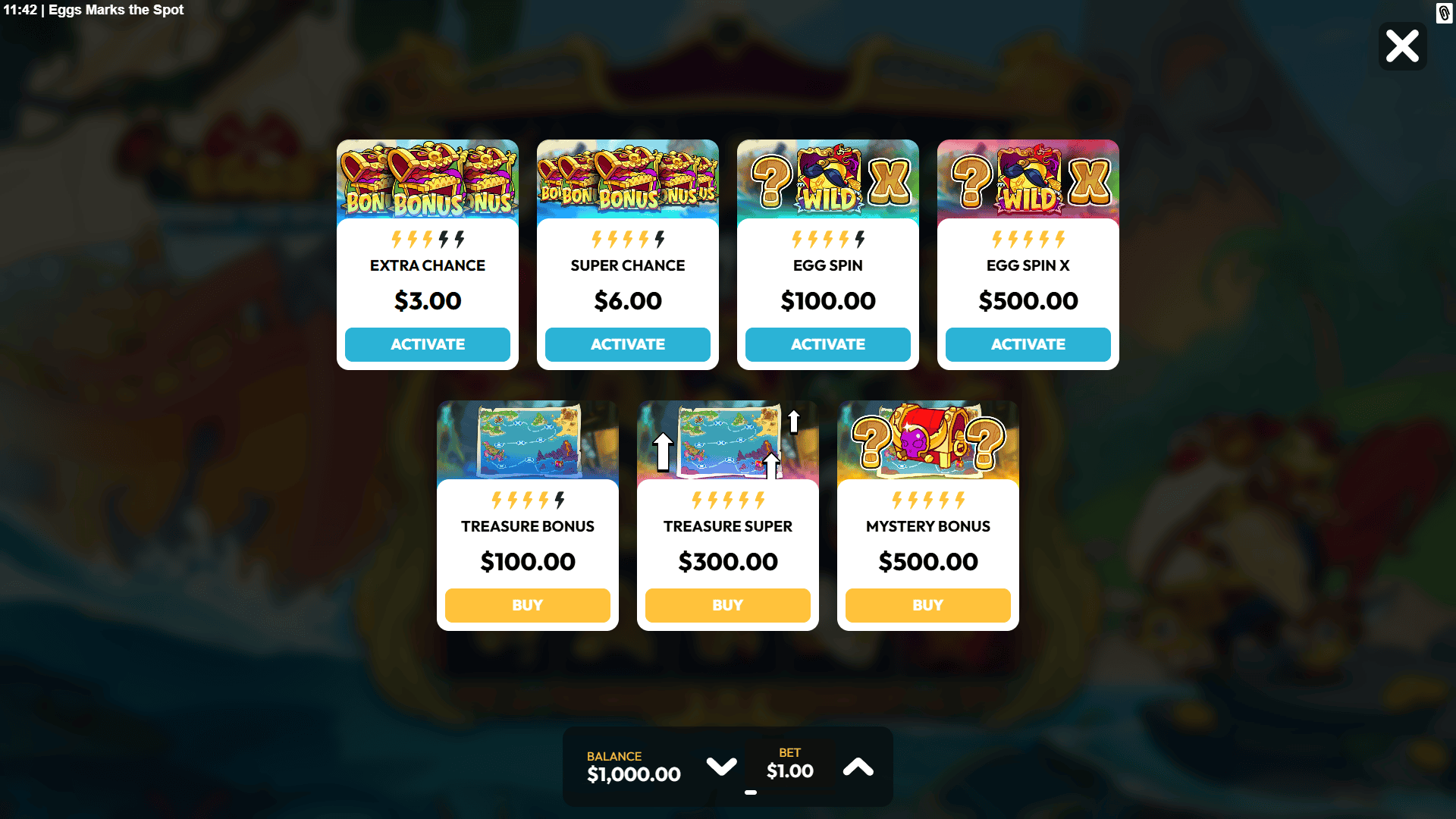 Eggs Marks the Spot bonus buy menu