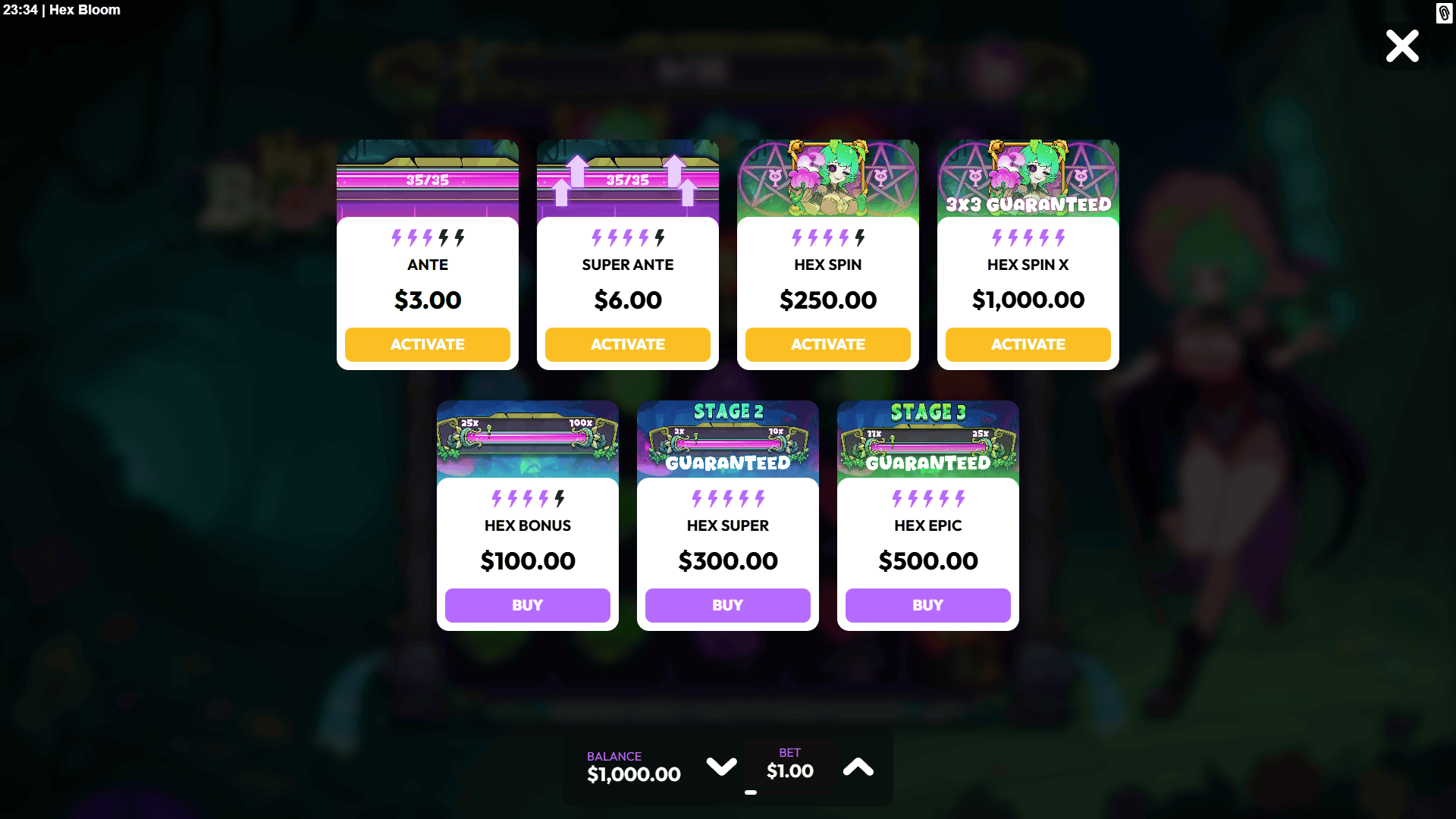 Hex Bloom bonus buy menu