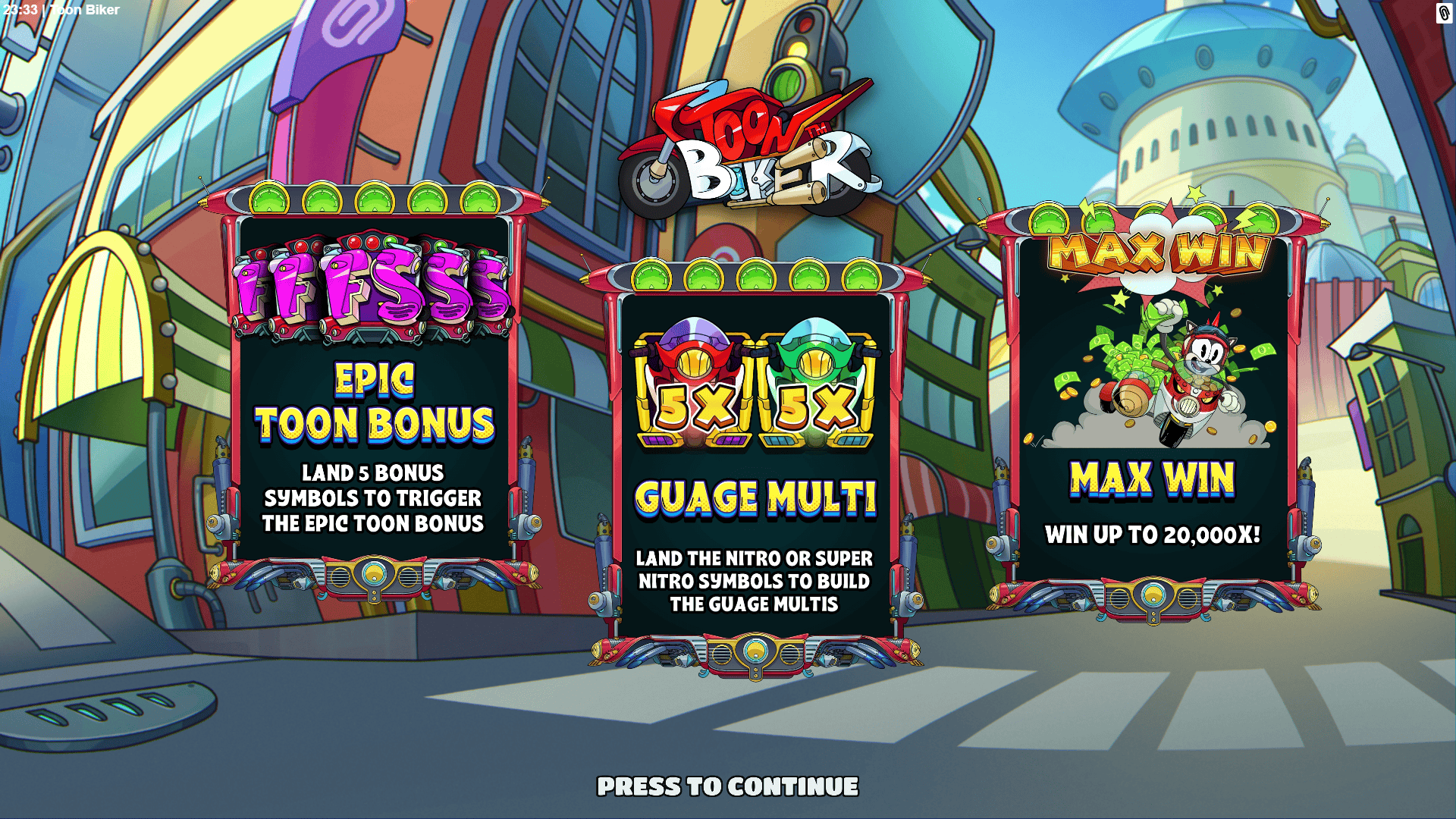 Toon Biker slot intro screen