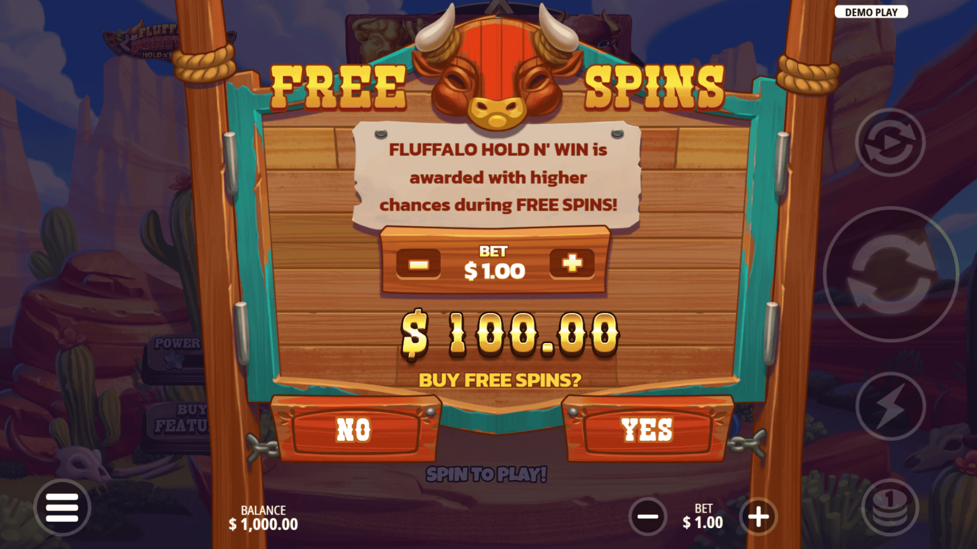 Fluffalo Fortune: Hold n' Win bonus buy menu