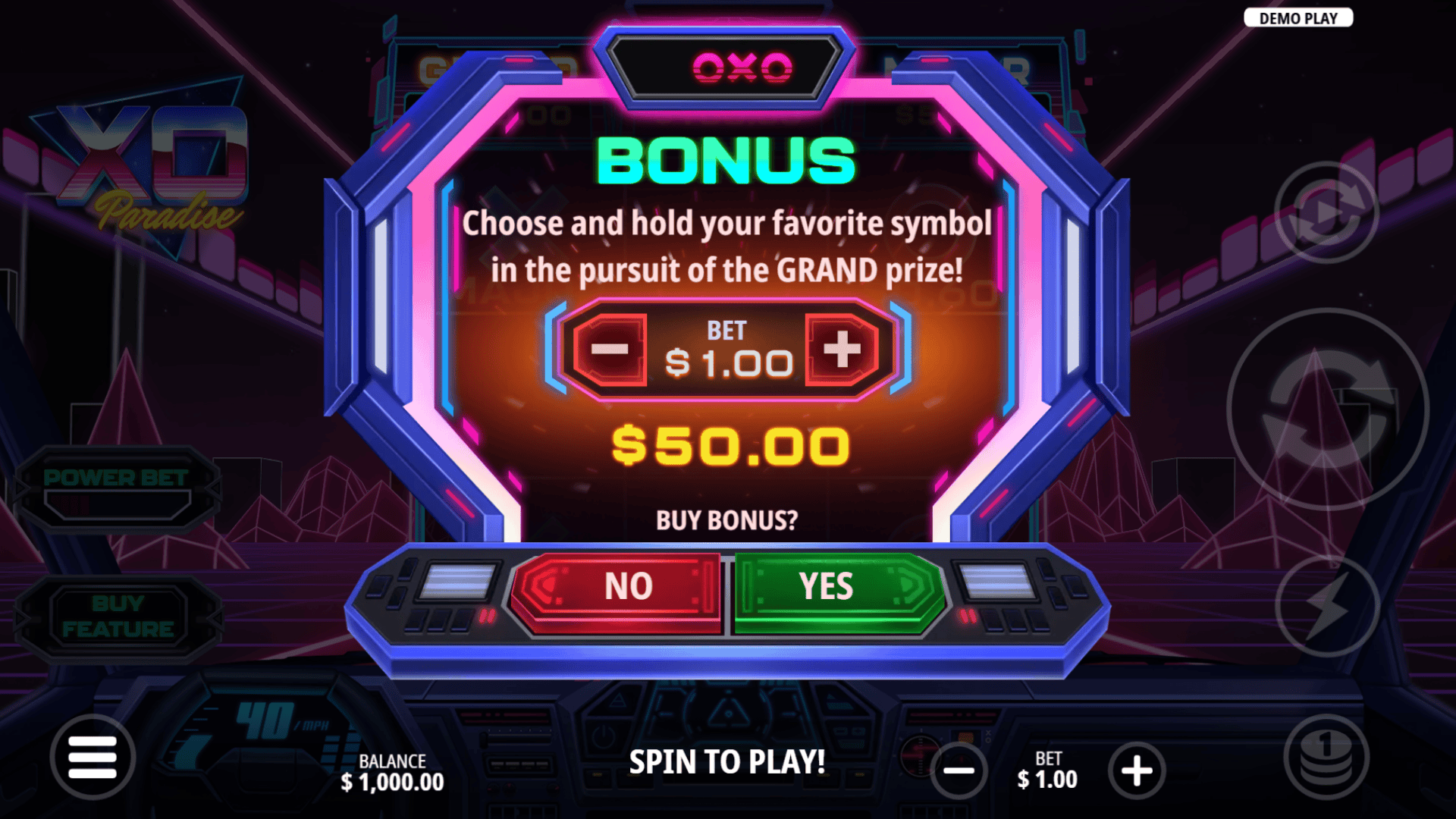 XO Paradise bonus buy menu