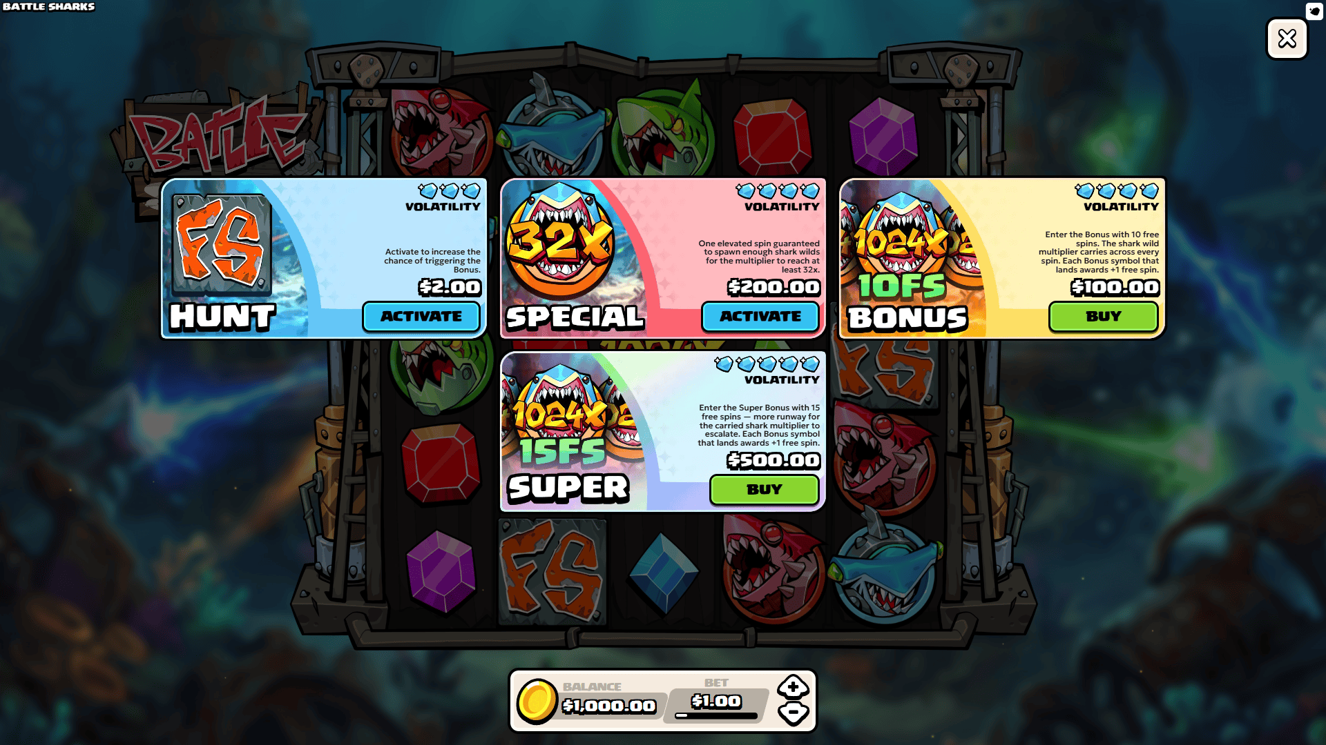 Battle Sharks bonus buy menu