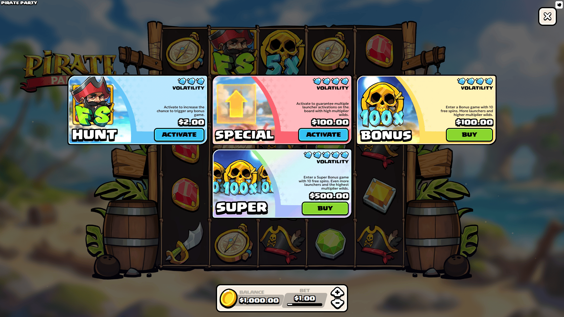 Pirate Party bonus buy menu