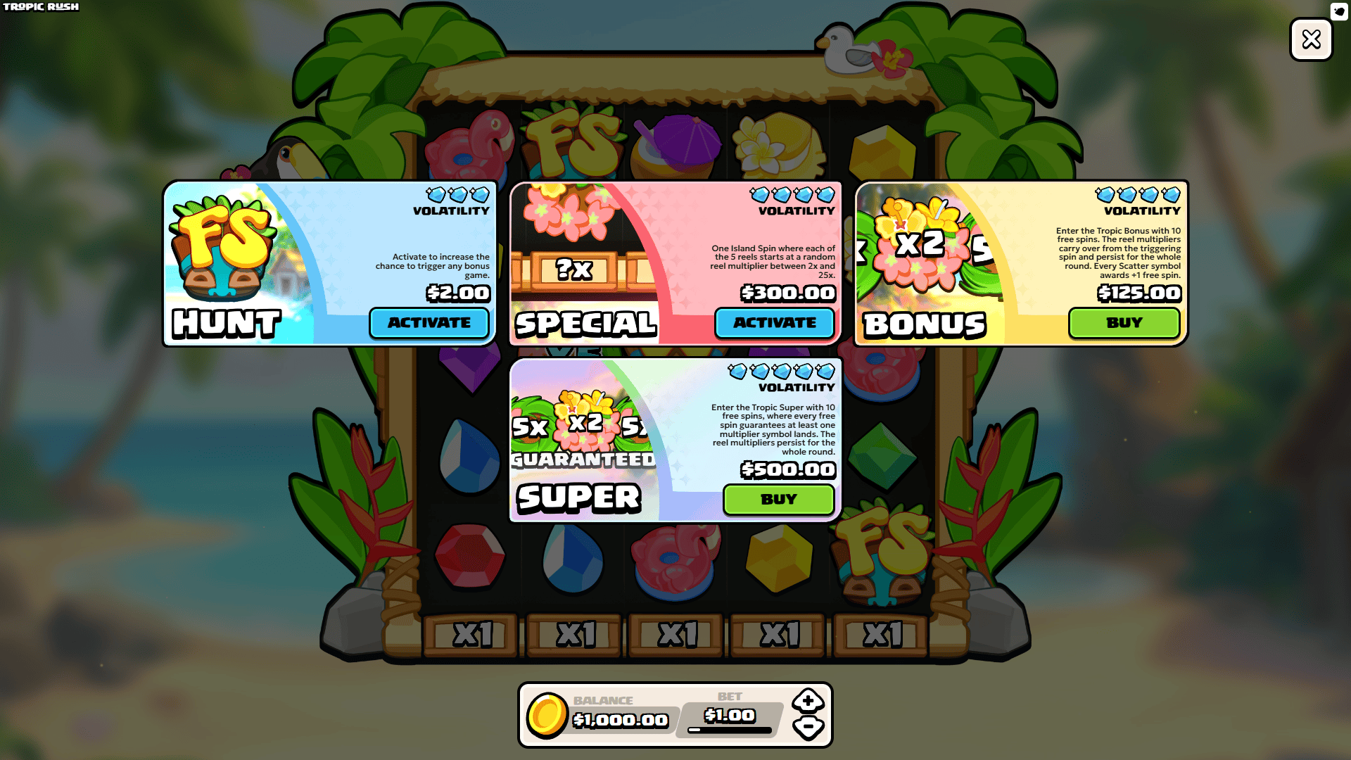 Tropic Rush bonus buy menu