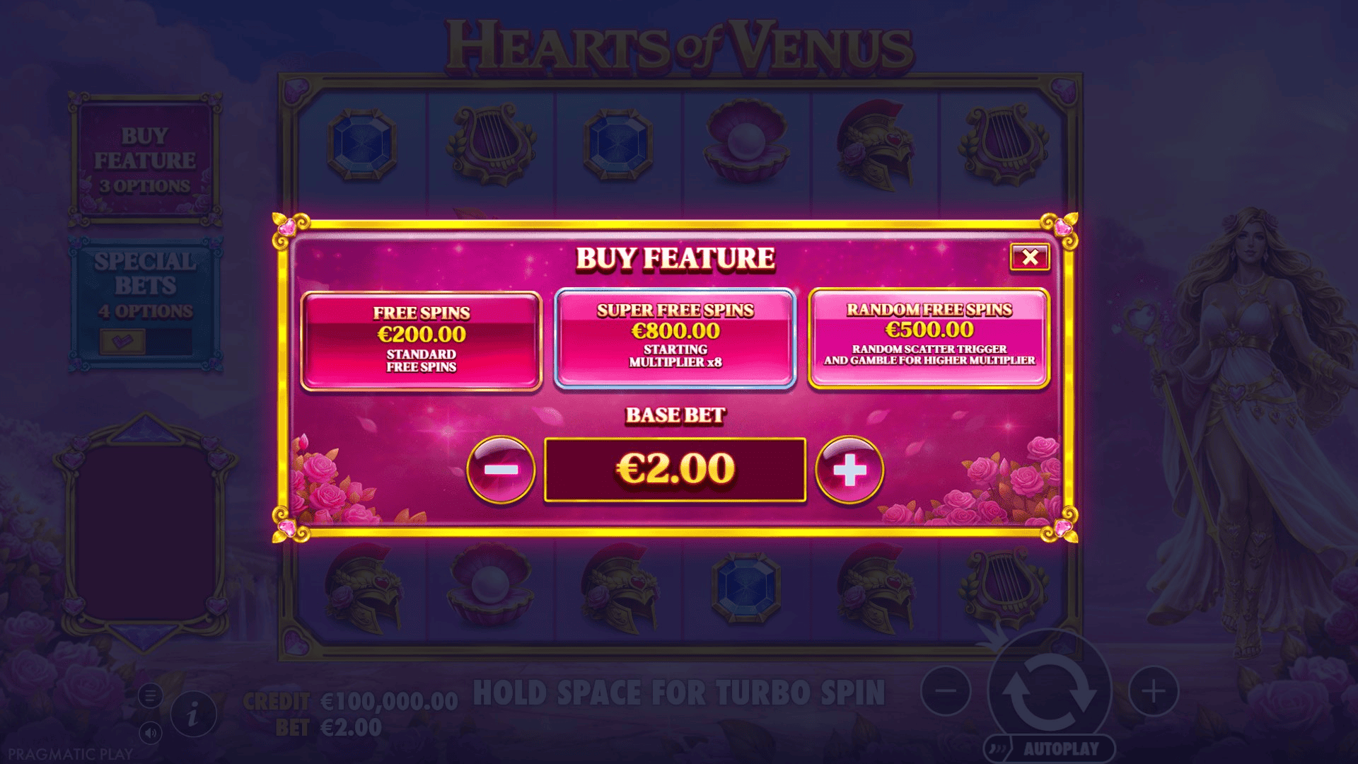Hearts of Venus bonus buy menu