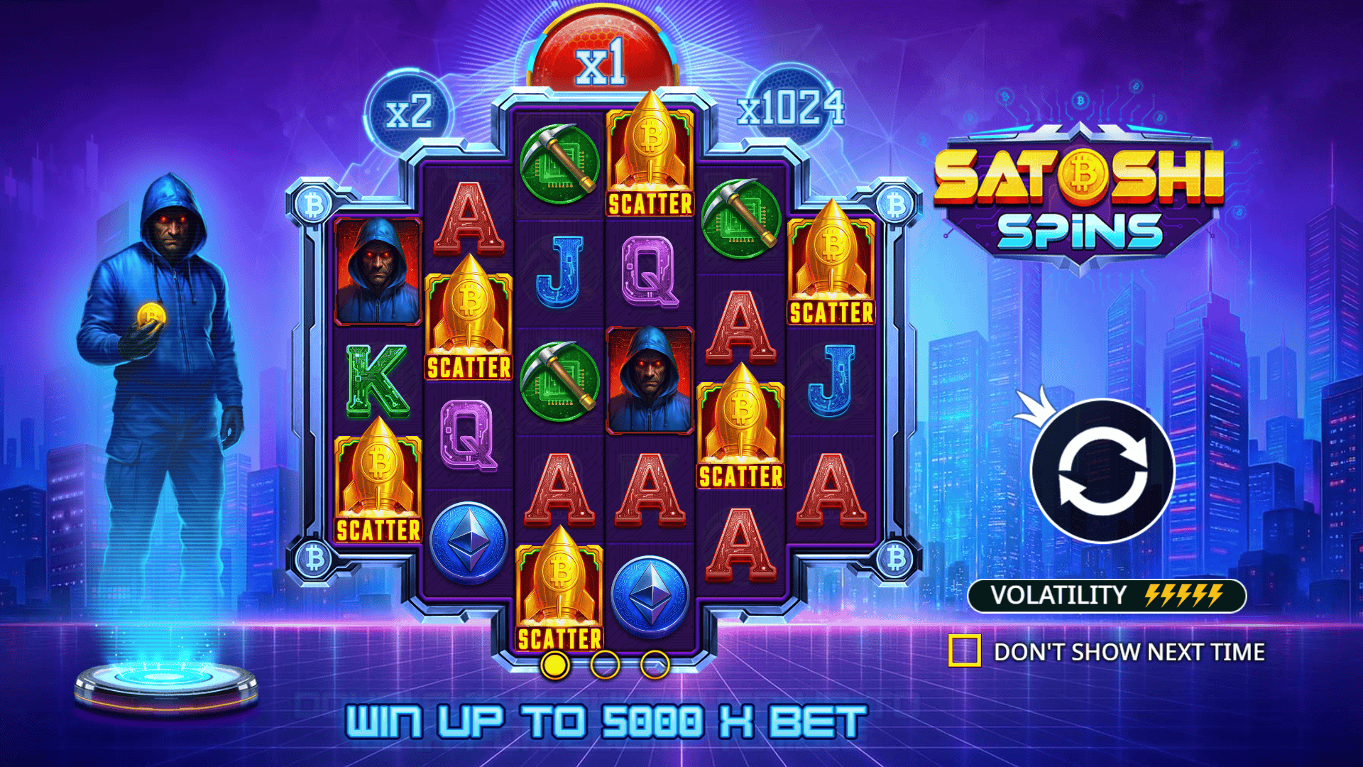 Satoshi Spins slot intro screen