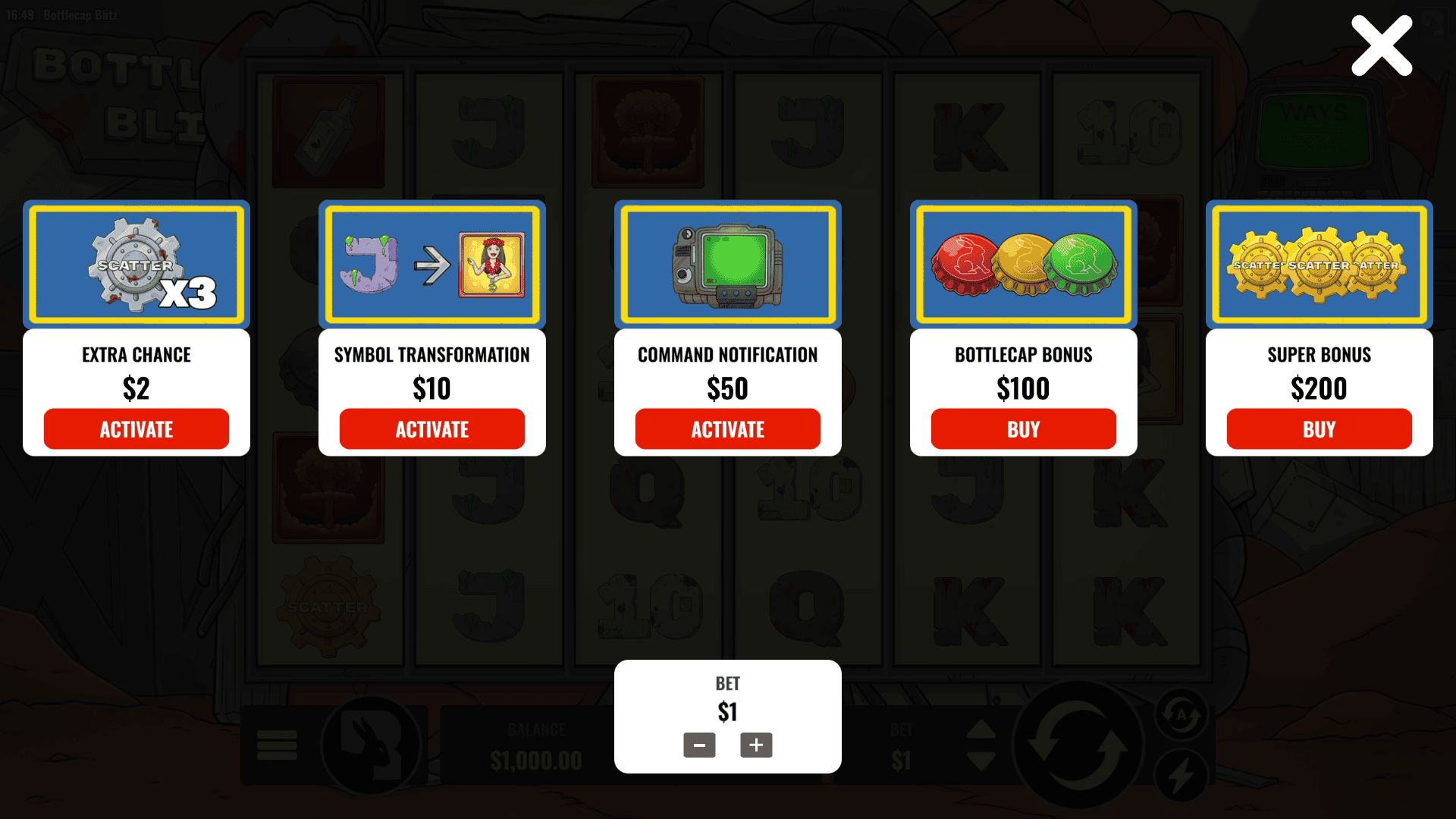 Bottlecap Blitz bonus buy menu