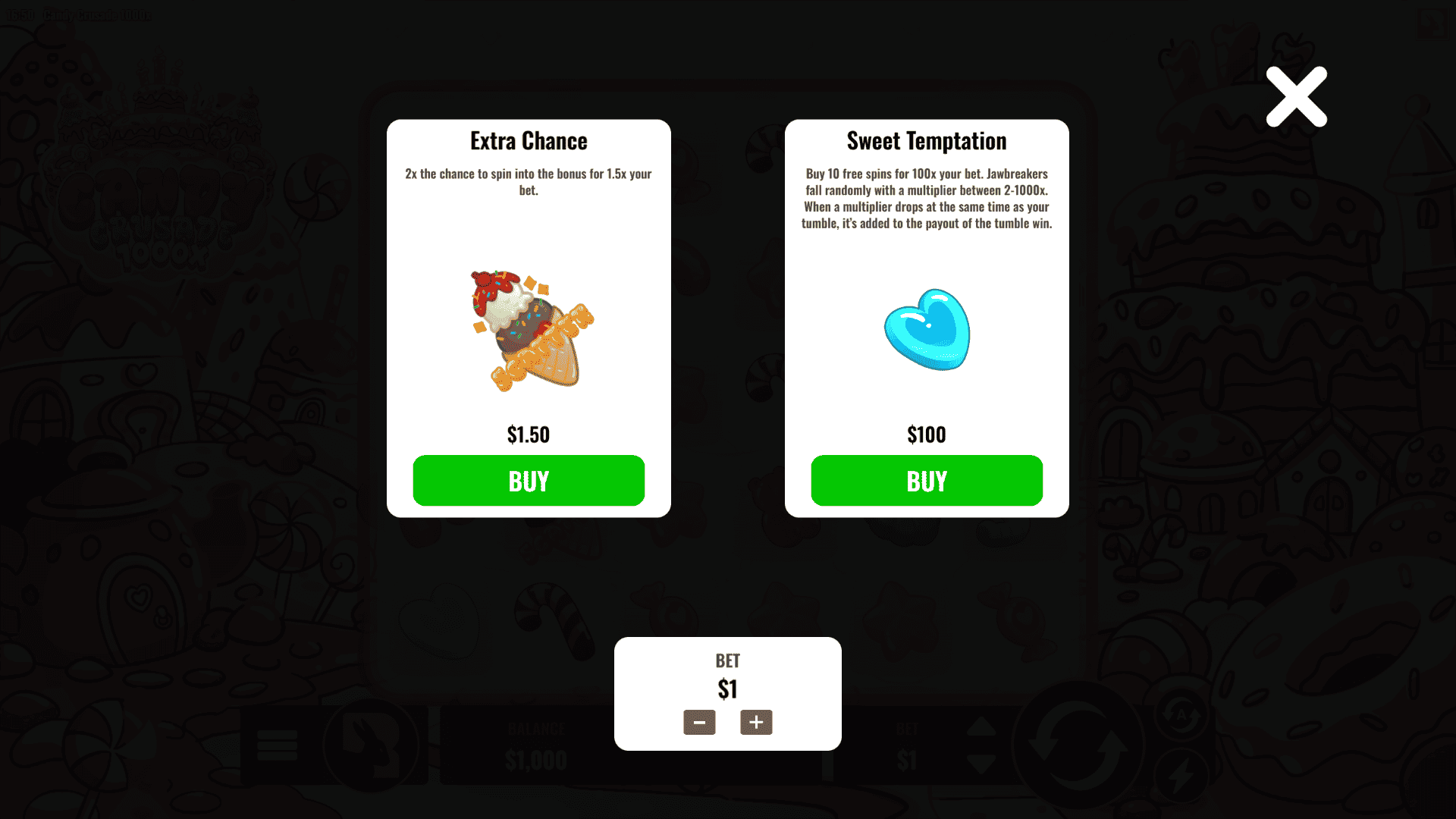 Candy Crusade 1000x bonus buy menu