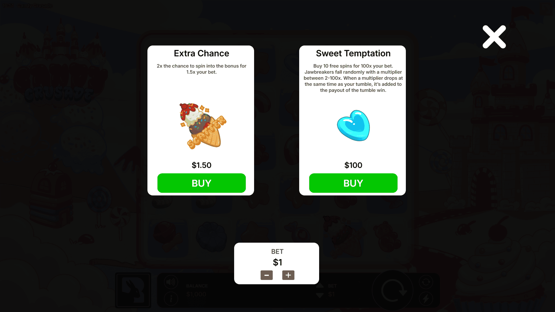 Candy Crusade bonus buy menu