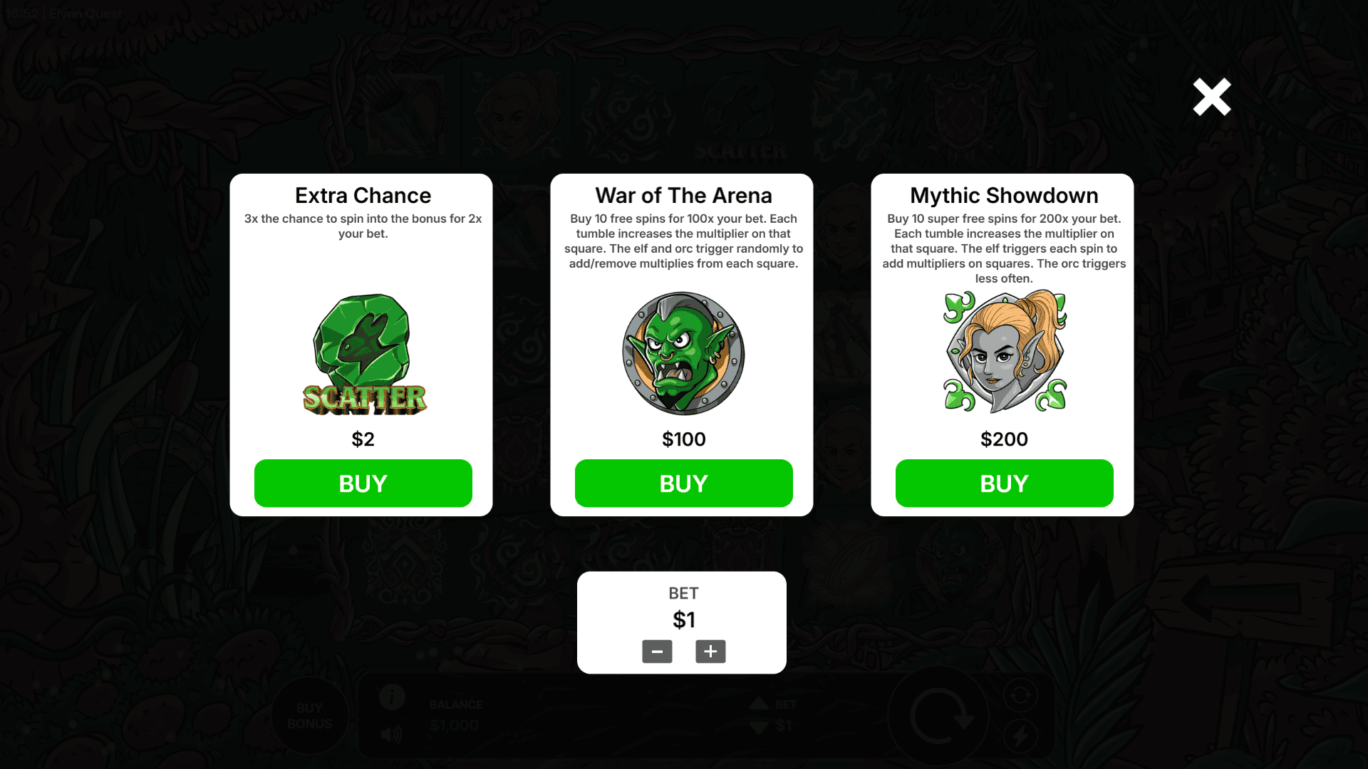 Elven Quest bonus buy menu
