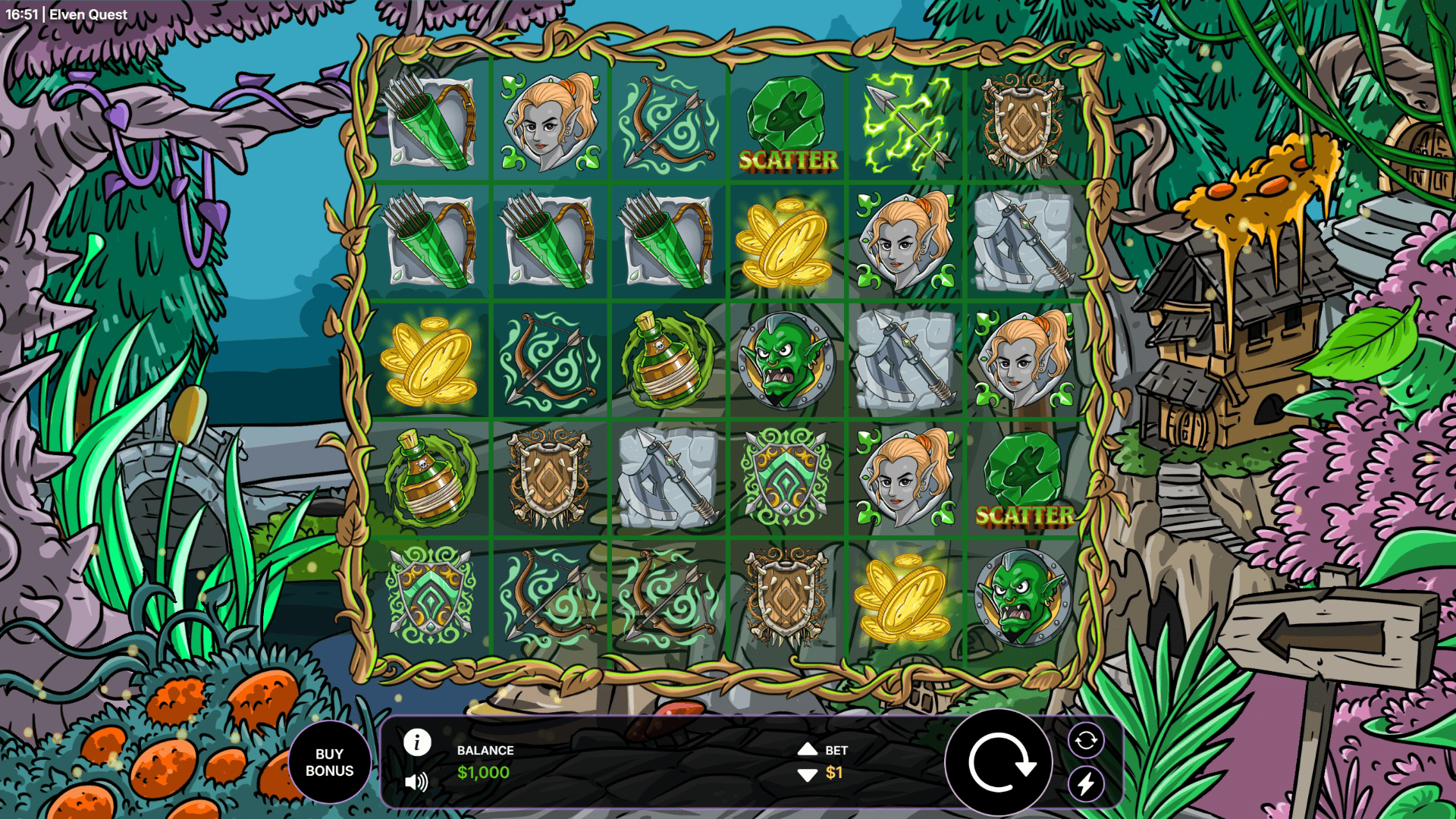 Elven Quest slot gameplay reels