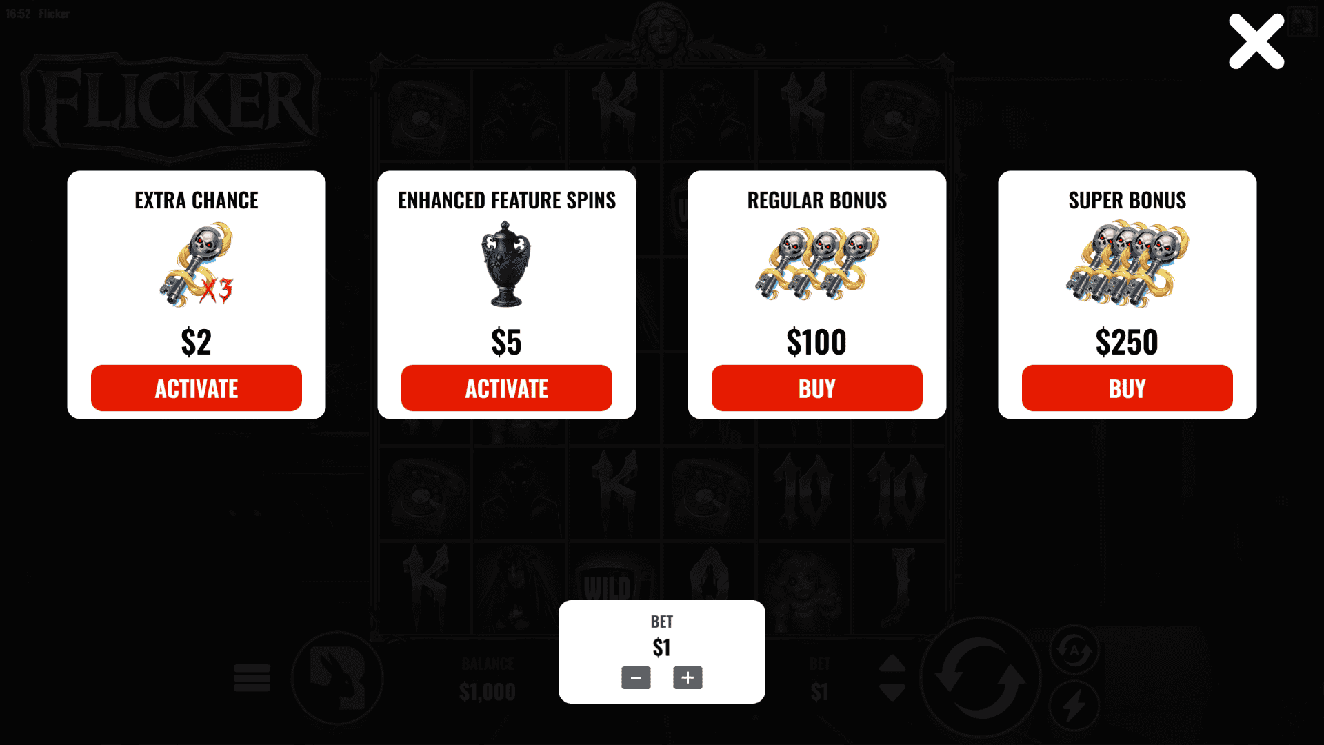 Flicker bonus buy menu