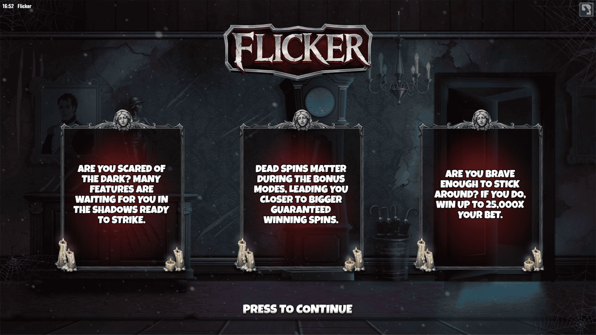 Flicker slot intro screen